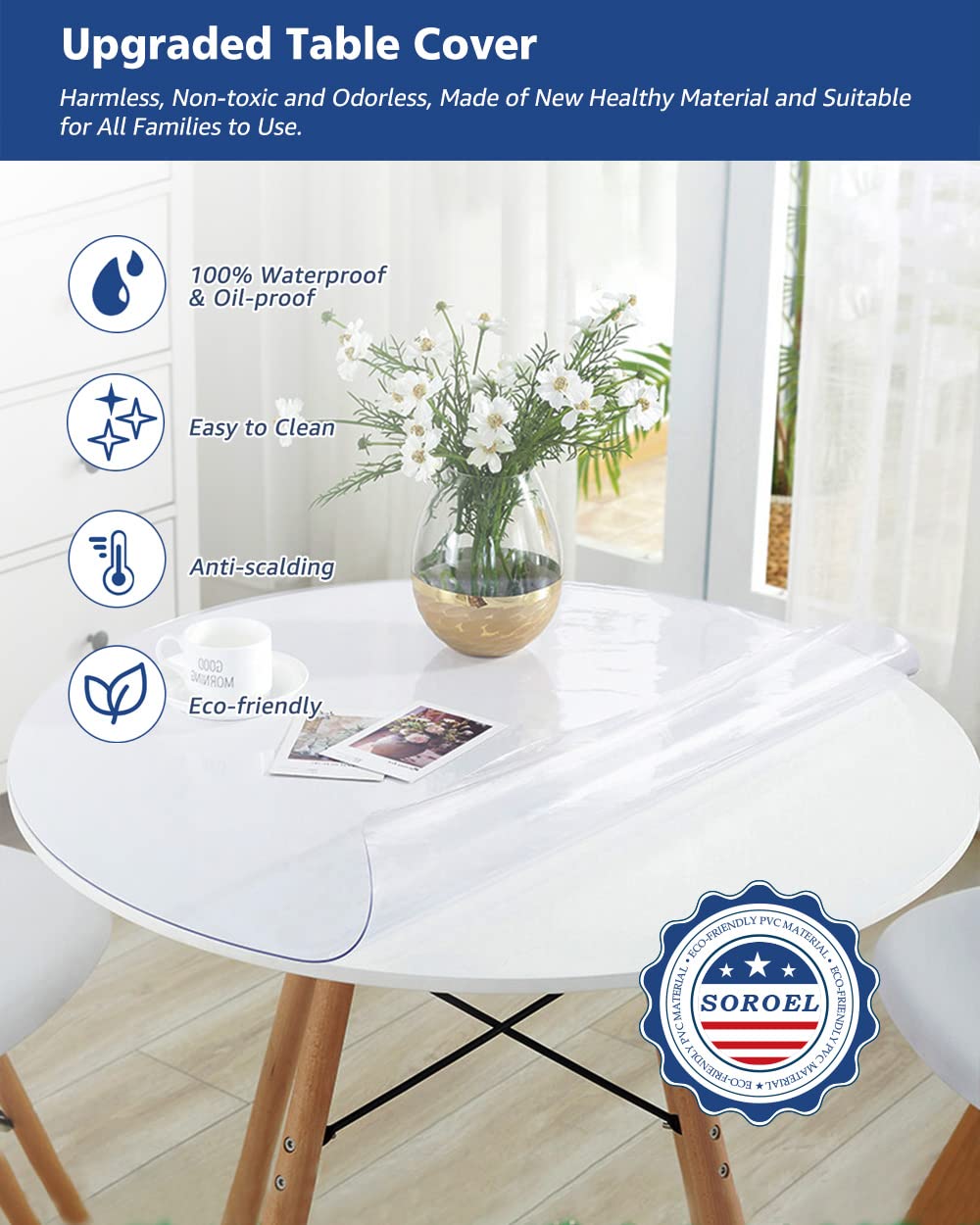32 Inch Round Clear Dining Room Table Cover Easy Clean Waterproof Plastic Vinyl Table Cloth Protector Wood Furniture Surface Pro