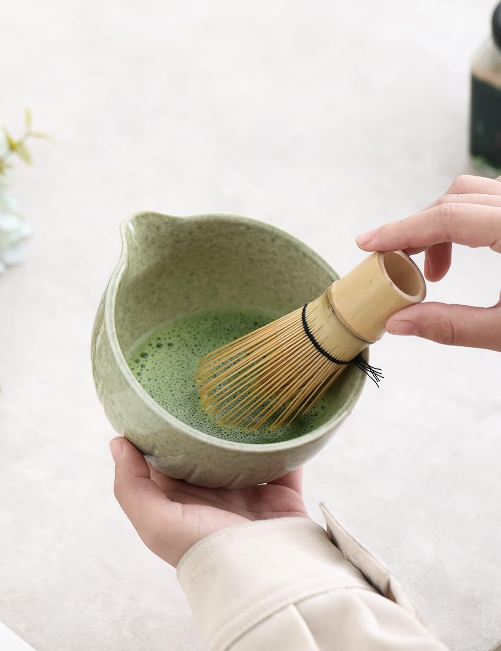 Tang Pin Matcha Set - Match Bowl With Spout And Whisk, 15 Oz, Matcha Scoop | Matcha Whisk Stand (Chasen Holder) - 4Pc Perfect Ma