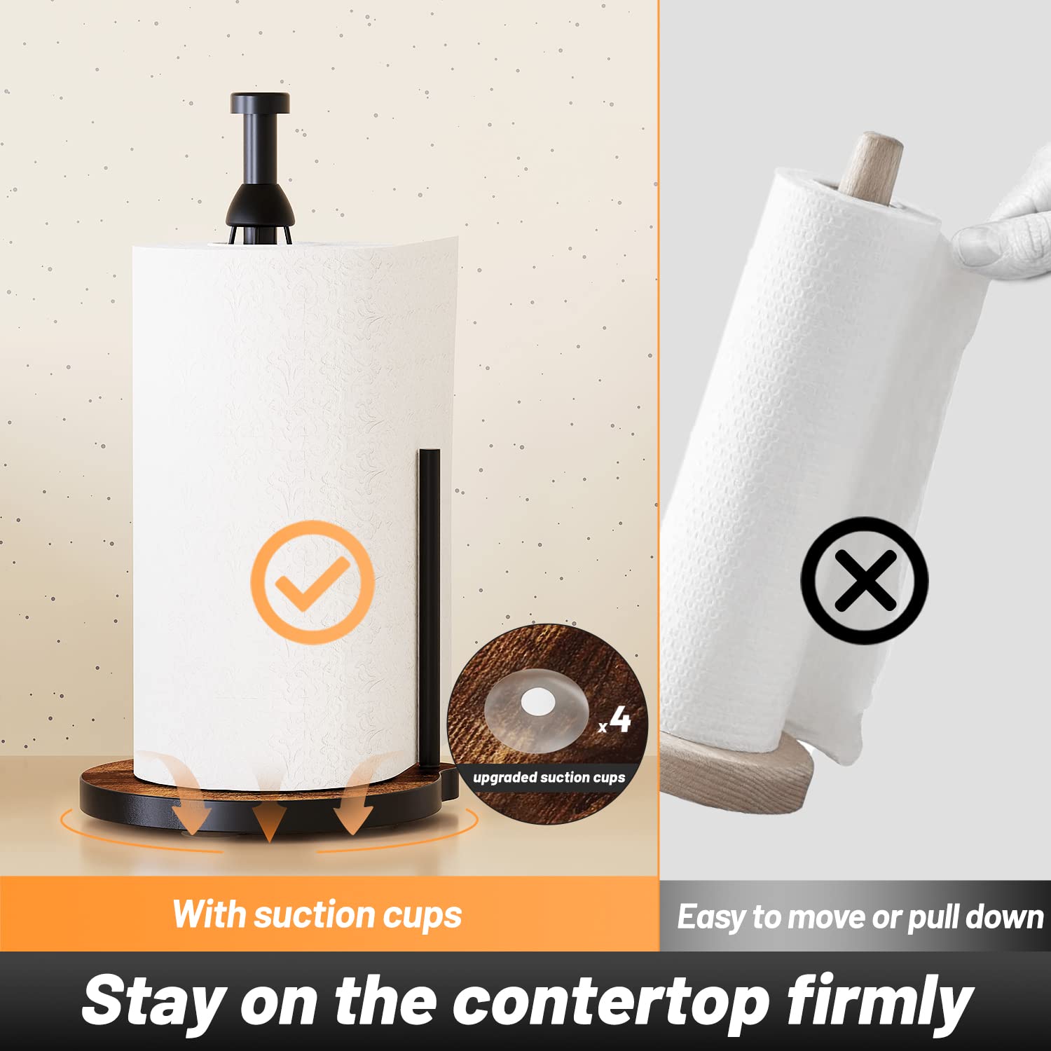 Vehhe Paper Towel Holder Countertop, One-Handed Tearing Wood Paper Towel Holder Farmhouse With Ratchet System And Suction Cups,