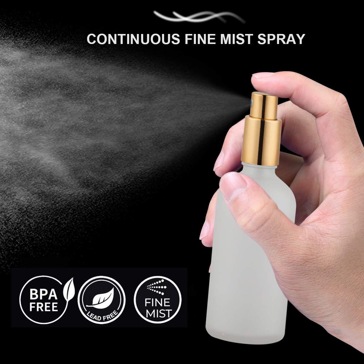 Glass Spray Bottle 3.4Oz, Empty Frosted Perfume Atomizer, Fine Mist Spray,Gold Sprayer (2 Pack)