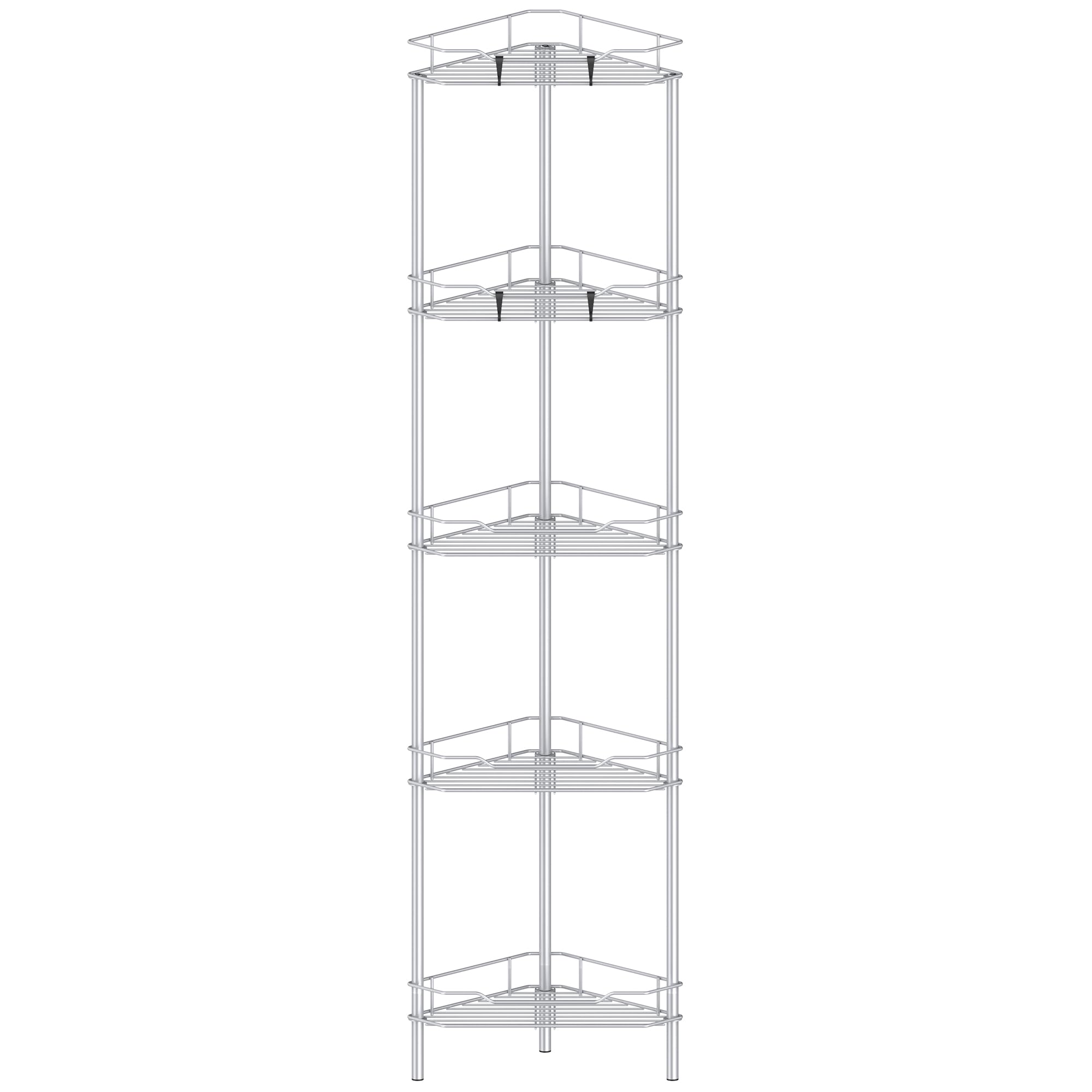 HuggieGems 5 Tier Floor Standing Corner Shower Caddy Organizer Shelf with Hooks, Bathroom Shelves Stand Rack, Silver