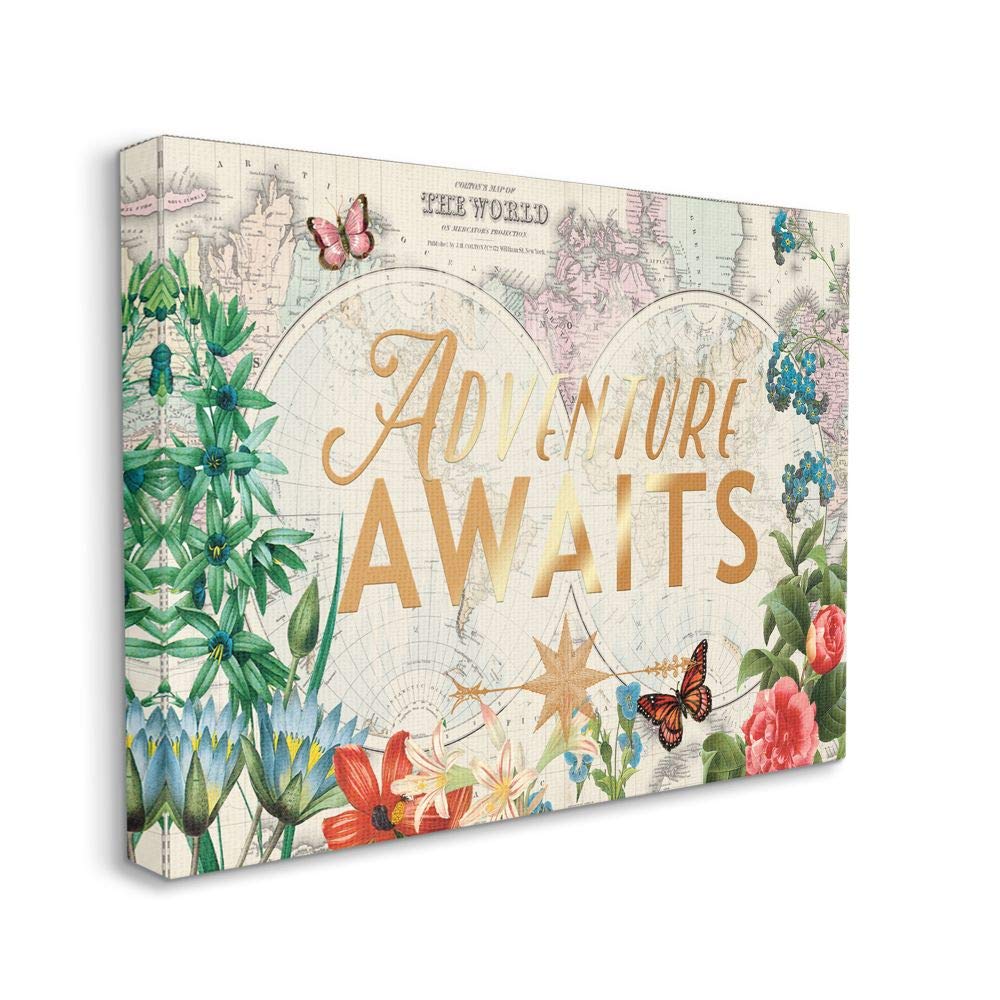 Stupell Industries Adventure Awaits Globe Map Flower Word, Design By Ophelia And Company Wall Art, 16 X 20, Canvas