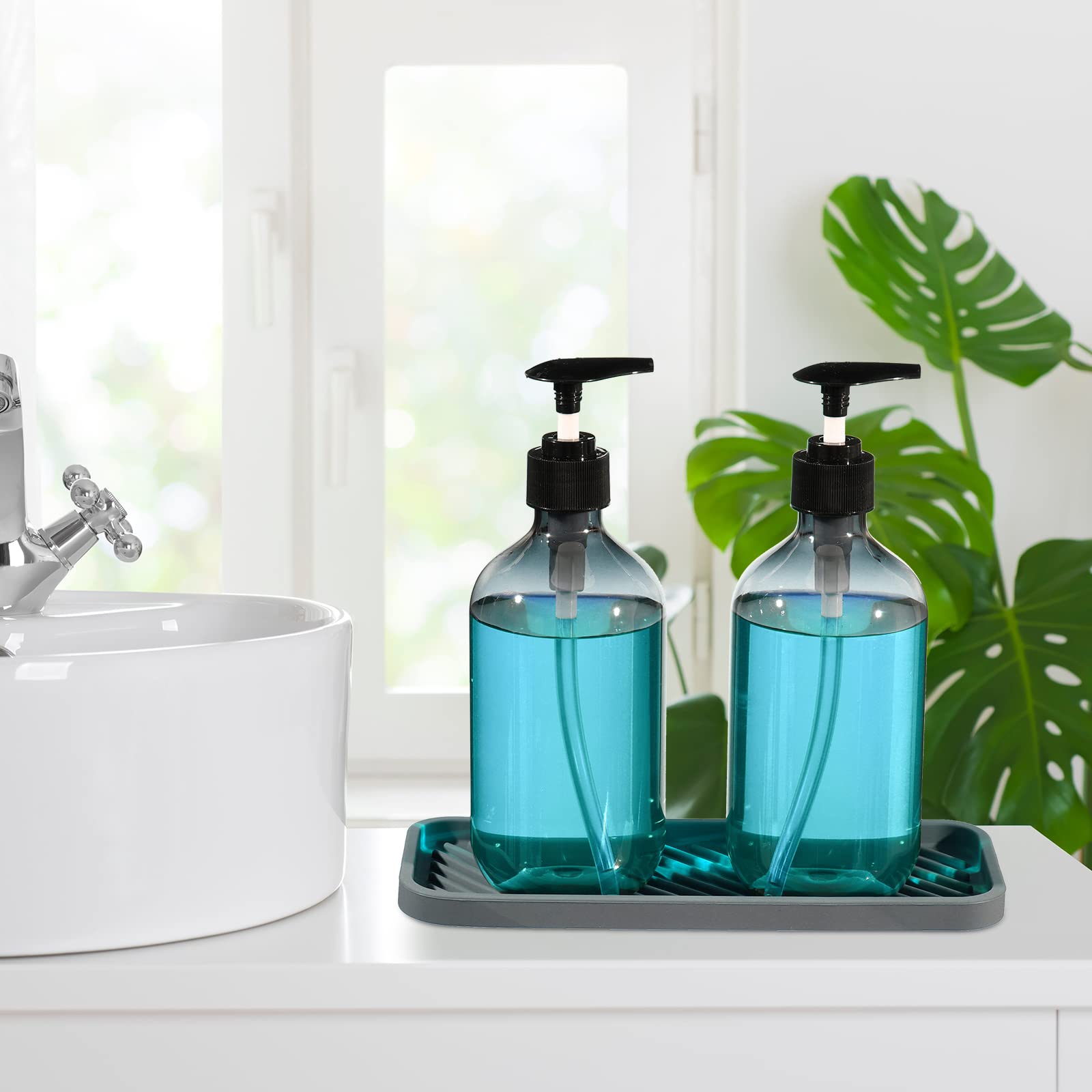 4 Pieces Kitchen Soap Dispenser Set Includes 16 Oz Plastic Dish Soap Hand Wash Dispenser With Silicone Tray And Labels, Dish Bru
