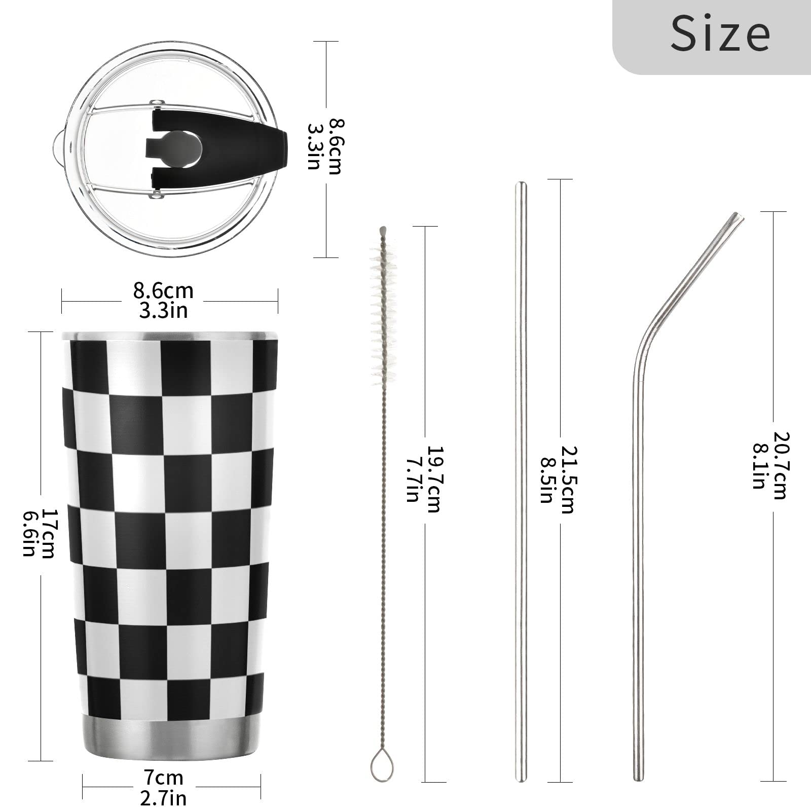 Cataku 20Oz Checkered Flag Racing Tumbler Cup With Lid And Straw Black And White Plaid Stainless Steel Vacuum Insulated Double W