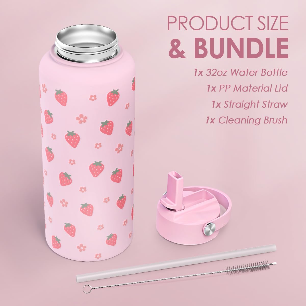 Strawberry Water Bottle 32oz Stainless Steel with Lid & Straw, Insulated Bottles for Women Girls, Gifts Ideas for Birthday Chris