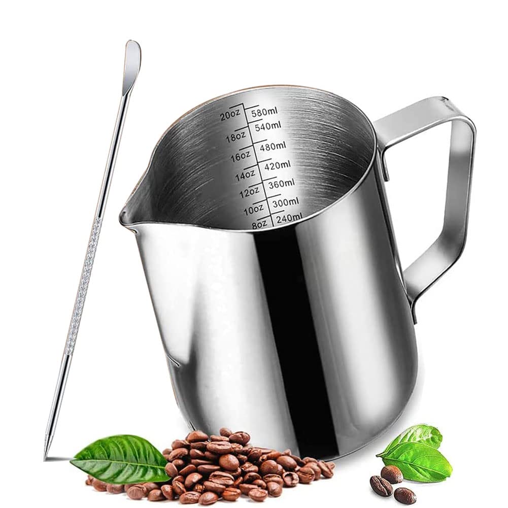 20 Oz Milk Frothing Pitcher, 304 Stainless Steel 600Ml Milk Can Coffee Frothing Cup With Art Deco Pen Milk Jug Coffee Cup Used T