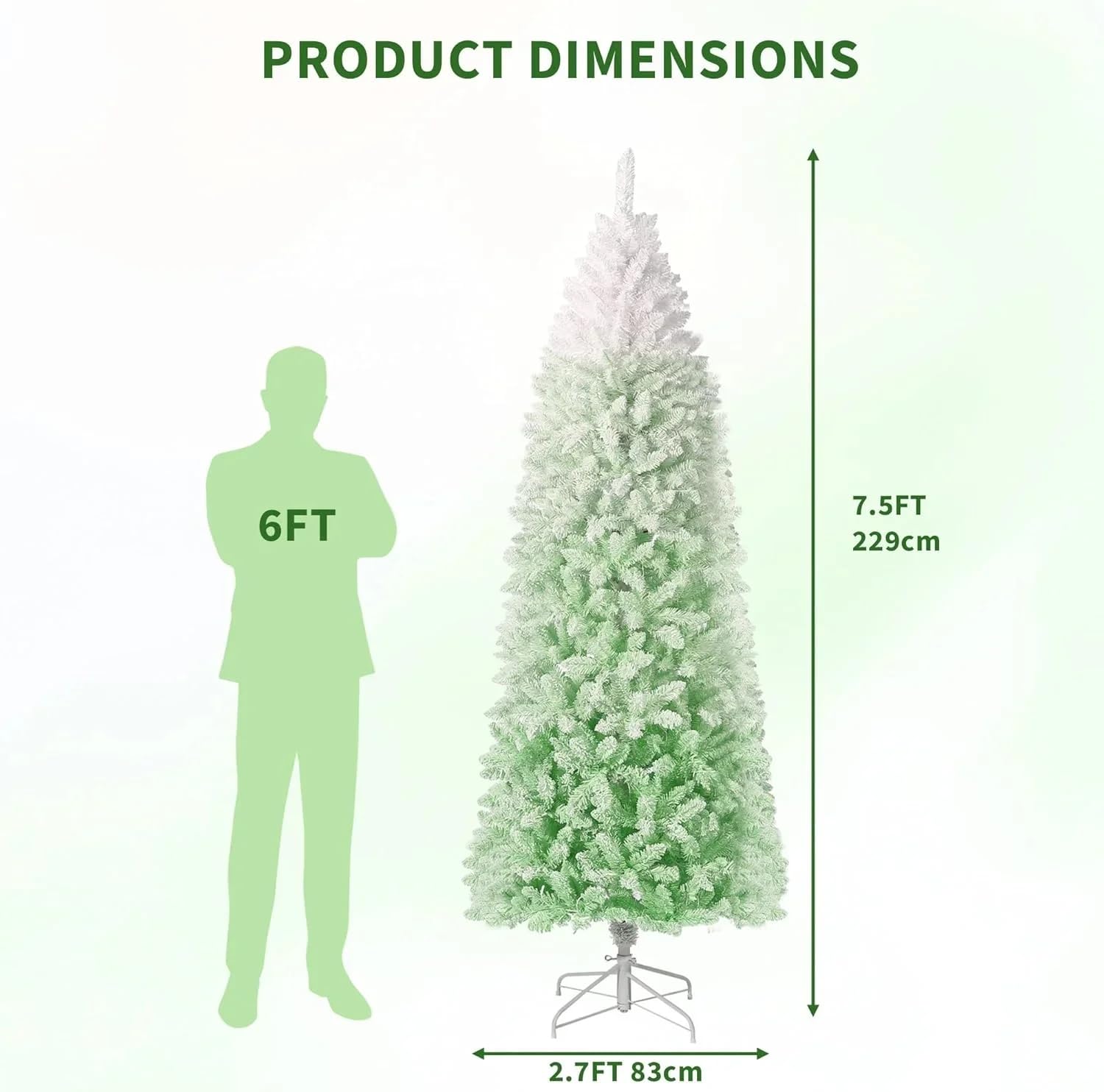 7.5ft Snow Flocked Pencil Christmas Tree with Green Gradient, Slim Artificial Xmas Tree on Sturdy Metal Stand, Skinny Holiday De