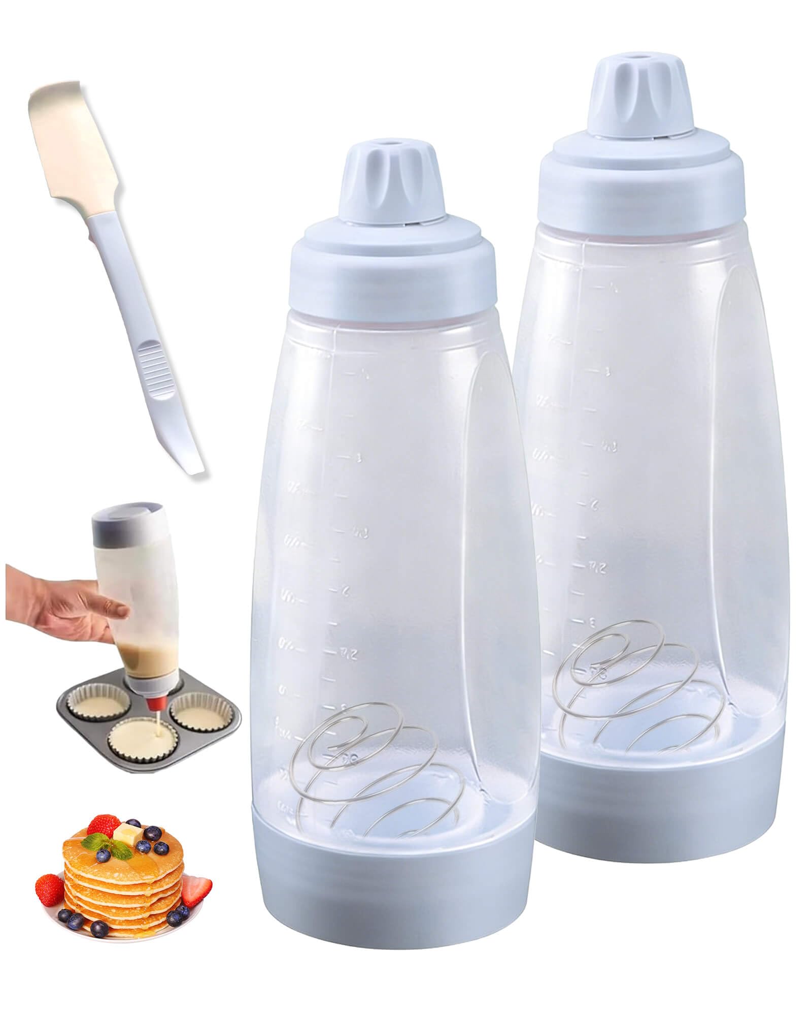 Omlumok 2 Pack Pancake Batter Dispenser Bottle,1000ml Large Squeeze Bottles,NoMess Batter Mix Dispenser for Pancakes, Waffles, 