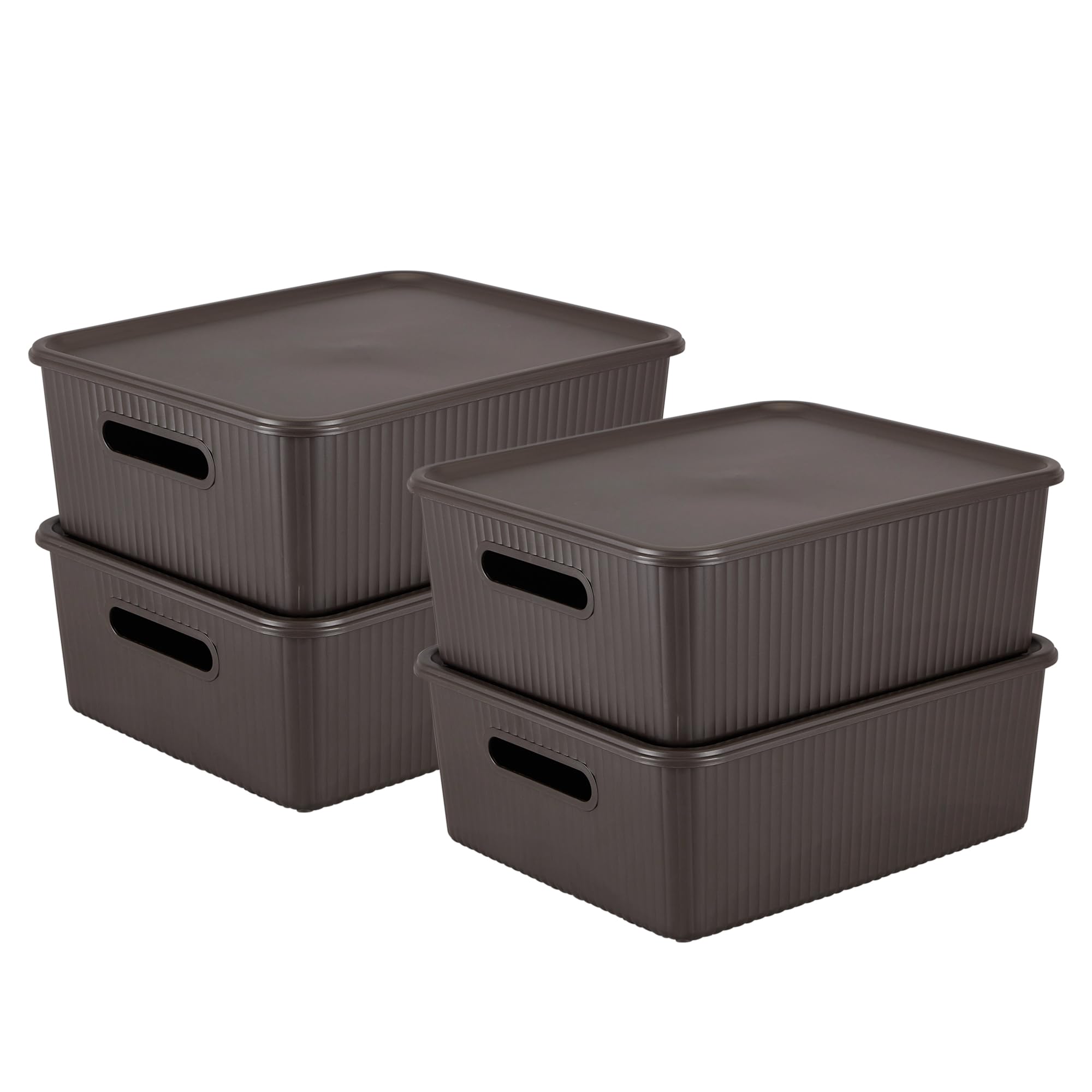 Kolorr Ribbed Baskets Medium Pack Of 4 With 4 Standard Lid (NonAirtight LooseFit Cover) Multipurpose Plastic Storage Baskets F