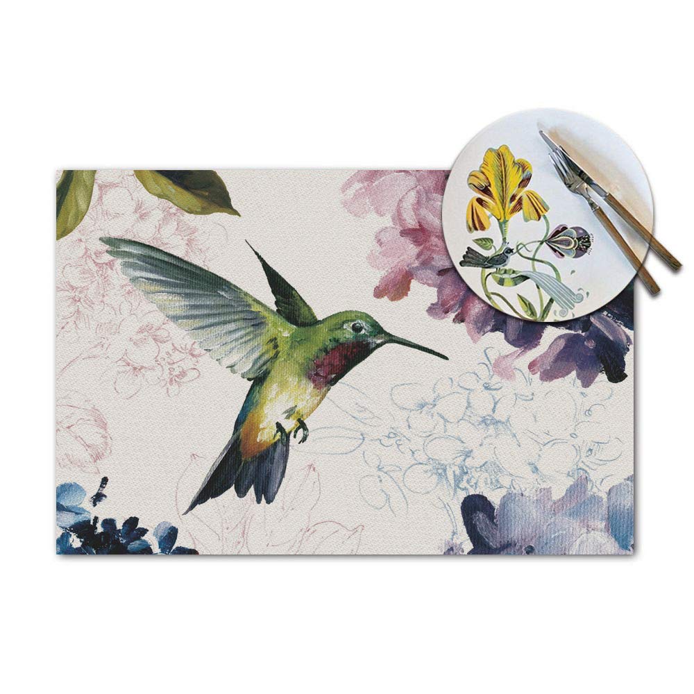 Hummingbird Placemats Set Of 4, Hummingbird Watercolor Painting Placemats Heat Resistant For Dining Table Non-Slip 18X12 Inches