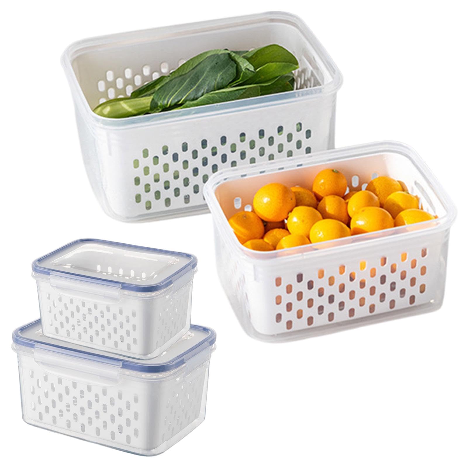 LORGVEXN 2pcs Fruit Storage Containers for Fridge, Airtight Food Saver Containers with Removable Colander & Lid, Stackable Fridg