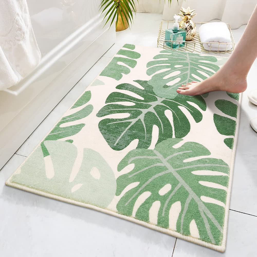 Lukinbox Green Bathroom Rugs Non Slip, Cute Washable Bath Rugs Mat, Small Leaf Bathroom Mat Soft Plant Area Rug For Indoor Showe
