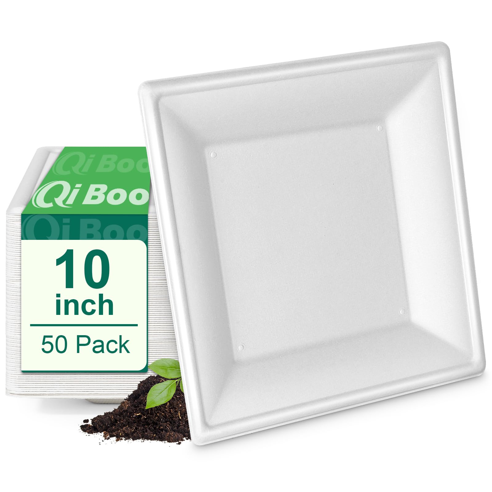 Qi Boo Square Paper Plates 10 Inch [50-Pack] Compostable Eco Friendly Disposable Plates Heavy Duty, Biodegradable Recycled Bagas