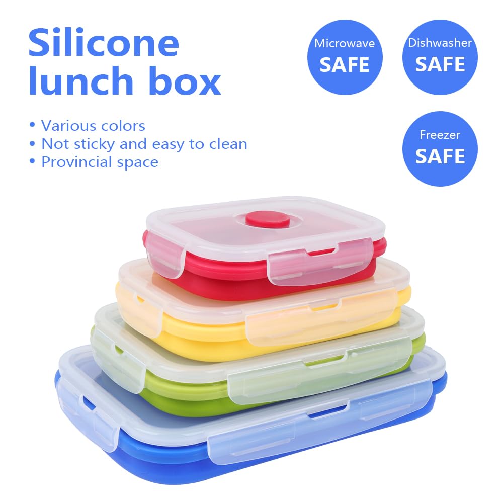 Vigind Set Of 4 Collapsible Foldable Silicone Food Storage Container, Leftover Meal Box With Airtight Plastic Lids For Kitchen,