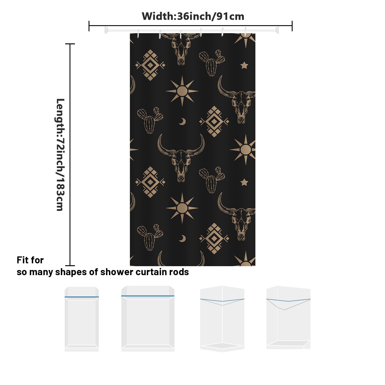 Western Bull Skull Shower Curtain Boho Cow Longhorn Skull Head Cactus Bohemian Black And Gold Shower Curtain With Hooks 36X72 In