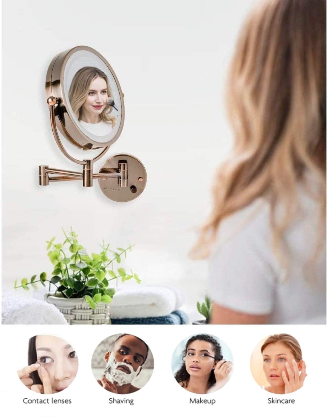 Ovente 9'' Lighted Wall Mount Makeup Mirror - 1X/ 7X Magnification, Hardwired Glow Cosmetic Light Up Mirror, Spinning 360-Degree