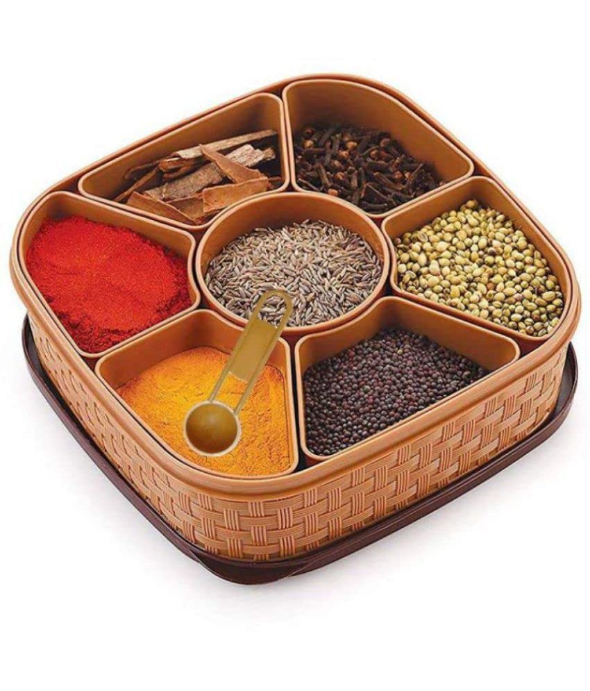 Arni Masala Rack, Rangoli Box Dabba For Keeping Spices,Plastic Wooden Style Masala Box,Spice Box For Kitchen,Masala Dabba (Brown
