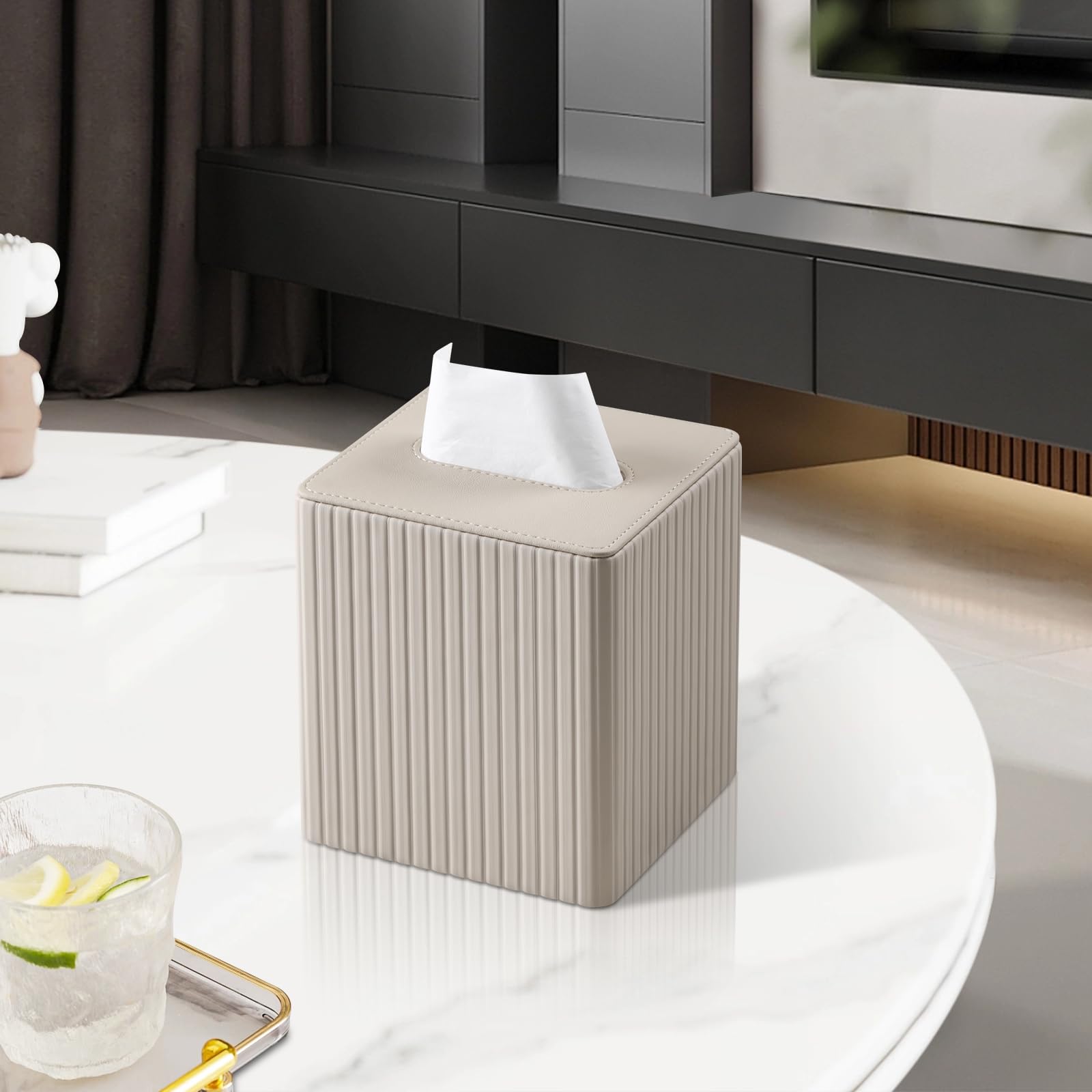 Meibooch Pu Leather Tissue Box Cover Square Tissue Box Holder With Magnetic Closure (Beige Stripe)