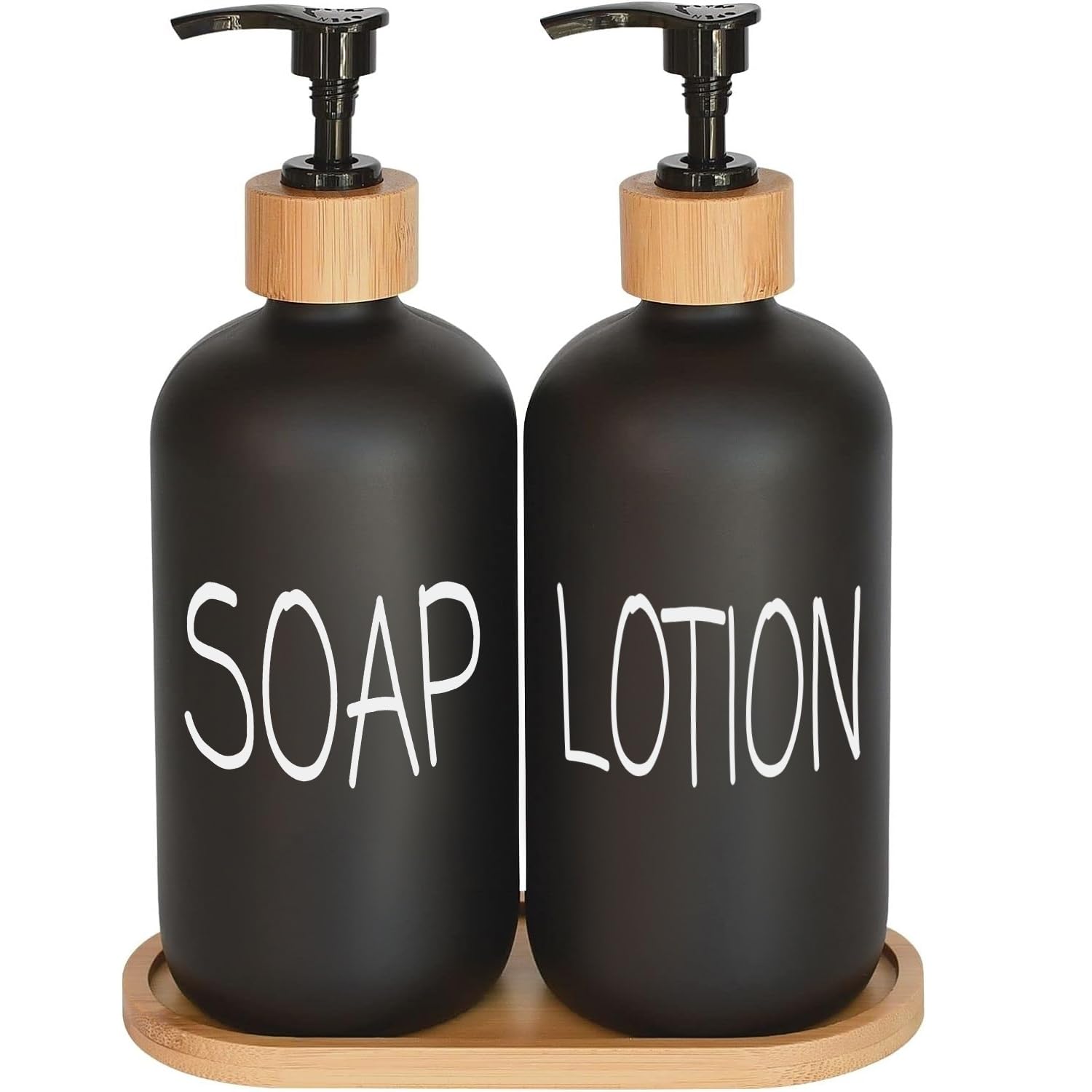 Black Soap Dispenser Bathroom Set, Set With Glass Dispenser, Bamboo Pumps & Tray. Hand And Lotion Suitable For Farmhouse Decor