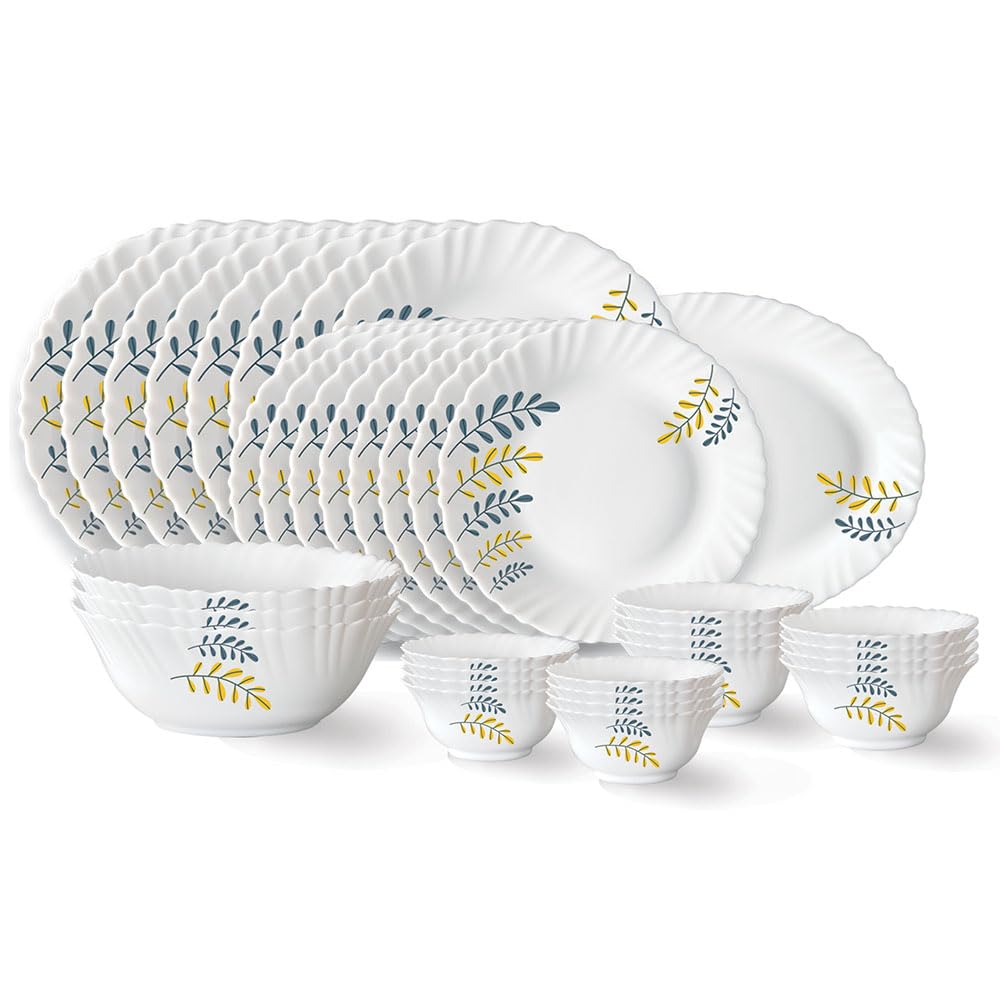 Larah By Borosil Niva Fluted Series Opalware Dinner Set | 36 Pieces For Family Of 8 | Microwave & Dishwasher Safe | BoneAsh Fre