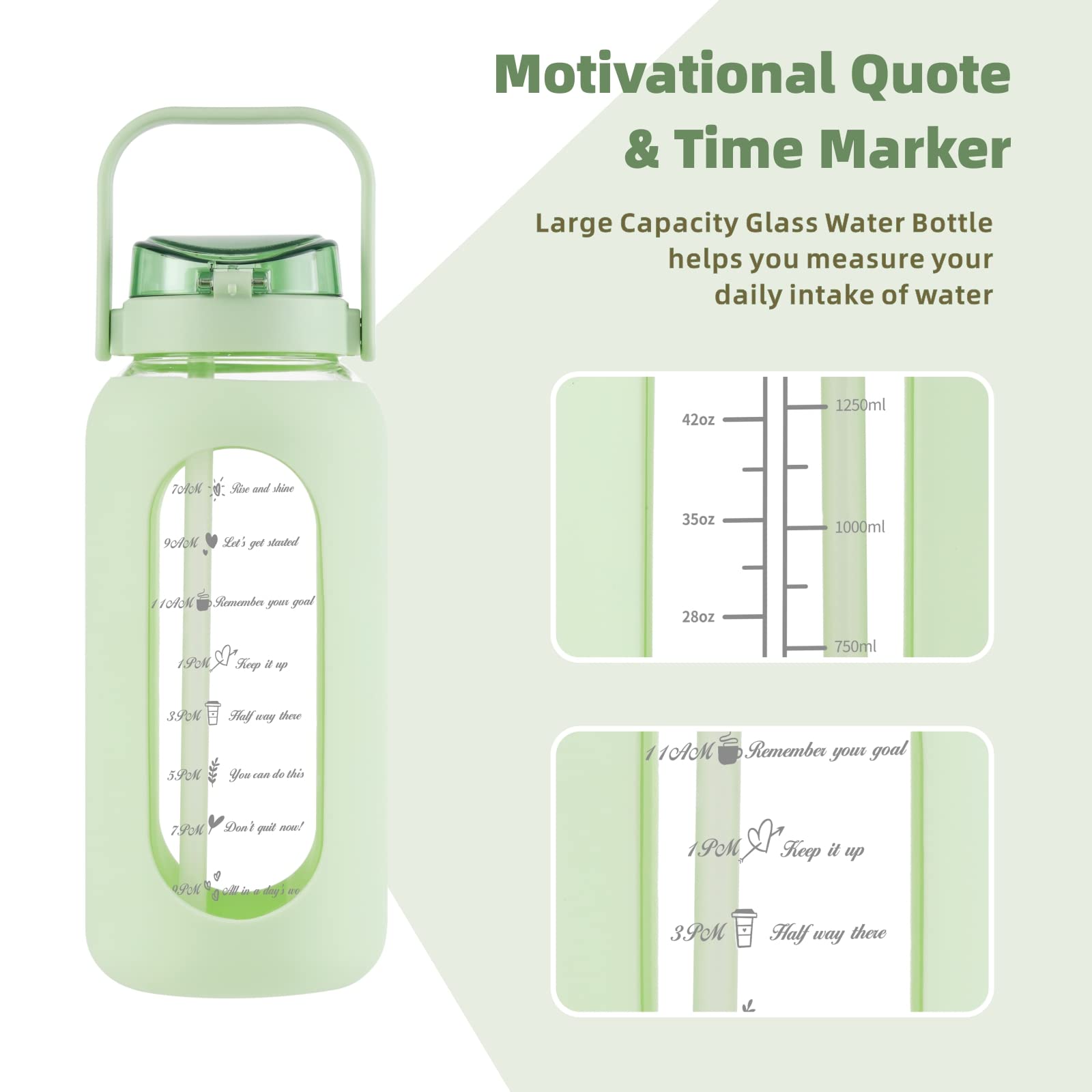 Sierozur 52Oz Glass Water Bottle With Straw And Handle Lid Half Gallon Motivational Glass Bottle With Silicone Sleeve And Time M