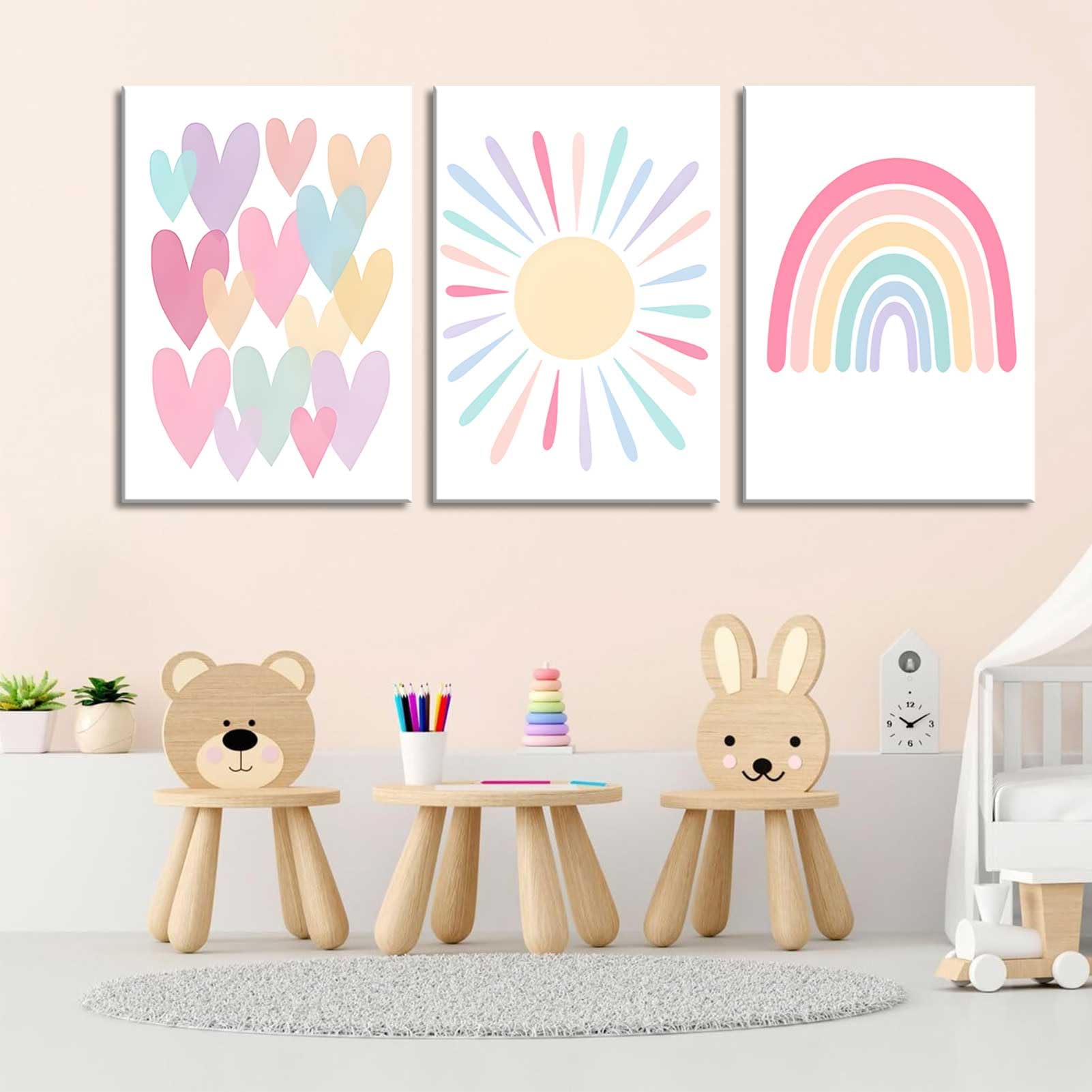 3Pcs Framed Pink Nursery Canvas Wall Art Rainbow Poster Kids Bedroom Baby Girls Toddler Pastel Wall Decor Prints Sun Boho Pink S