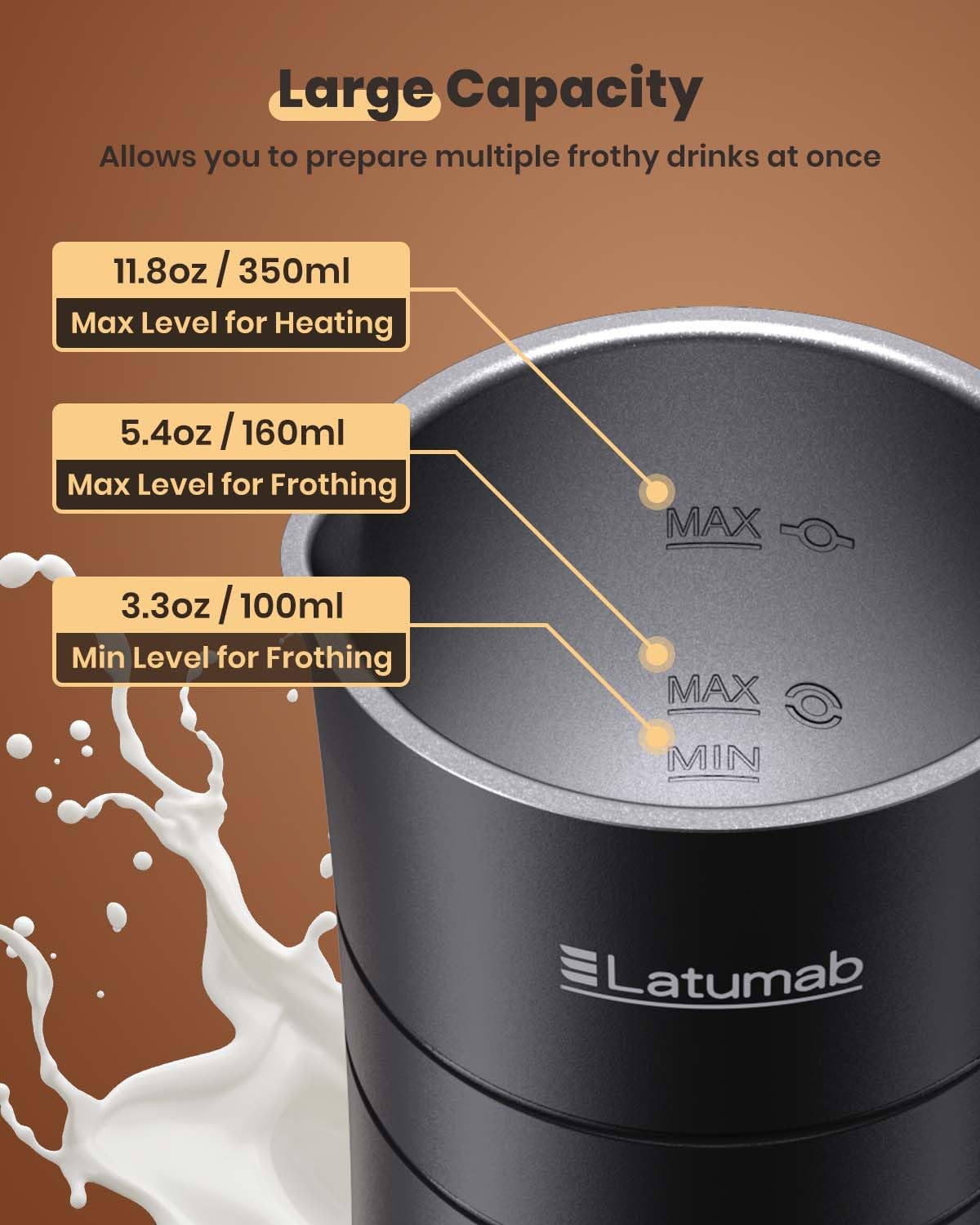Electric Milk Frother, Latumab 4 In 1 Milk Steamer, 11.8Oz/350Ml Automatic Warm And Cold Foam Maker For Coffee, Latte, Cappuccin