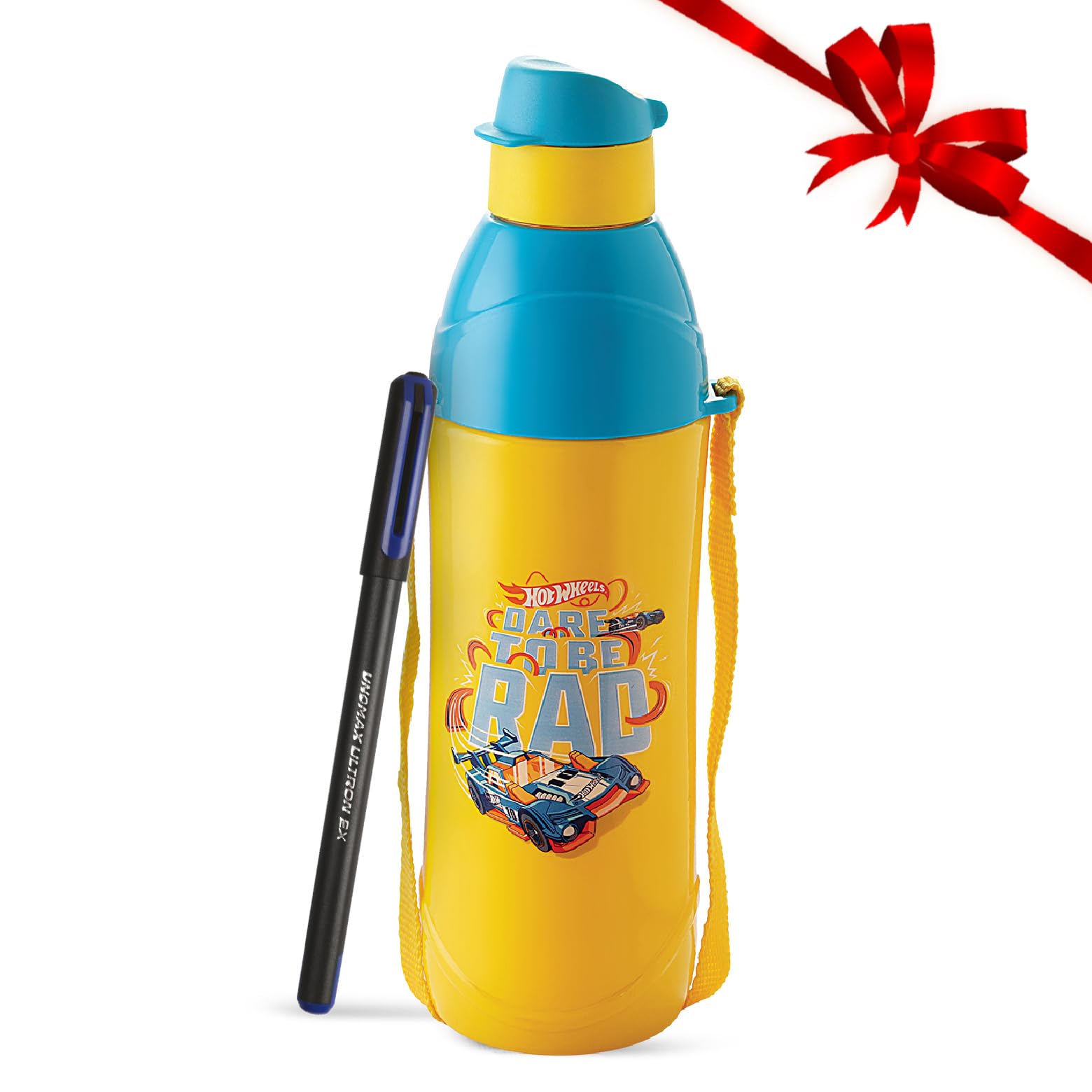 Cello Puro Junior 600 | Hot Wheel Print Plastic Water Bottle | 470Ml, Yellow With Free Unomax Ultron 2X Ball Pen