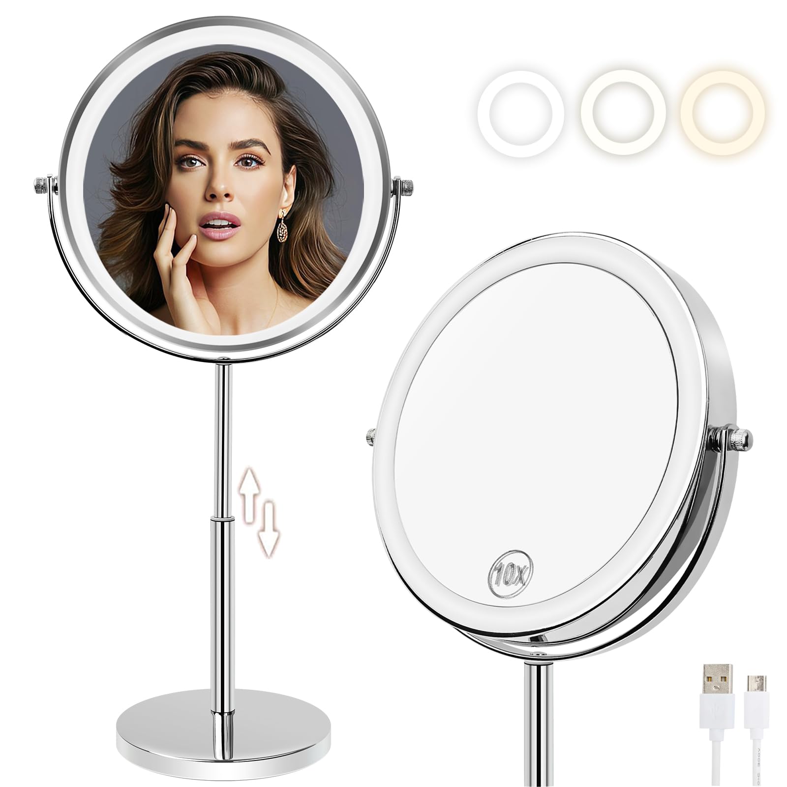 8   Large Makeup Mirror with Lights,1X/10X Rechargeable True Height Adjustable HD Magnifying Mirror with 3 Color Dimmable Lights