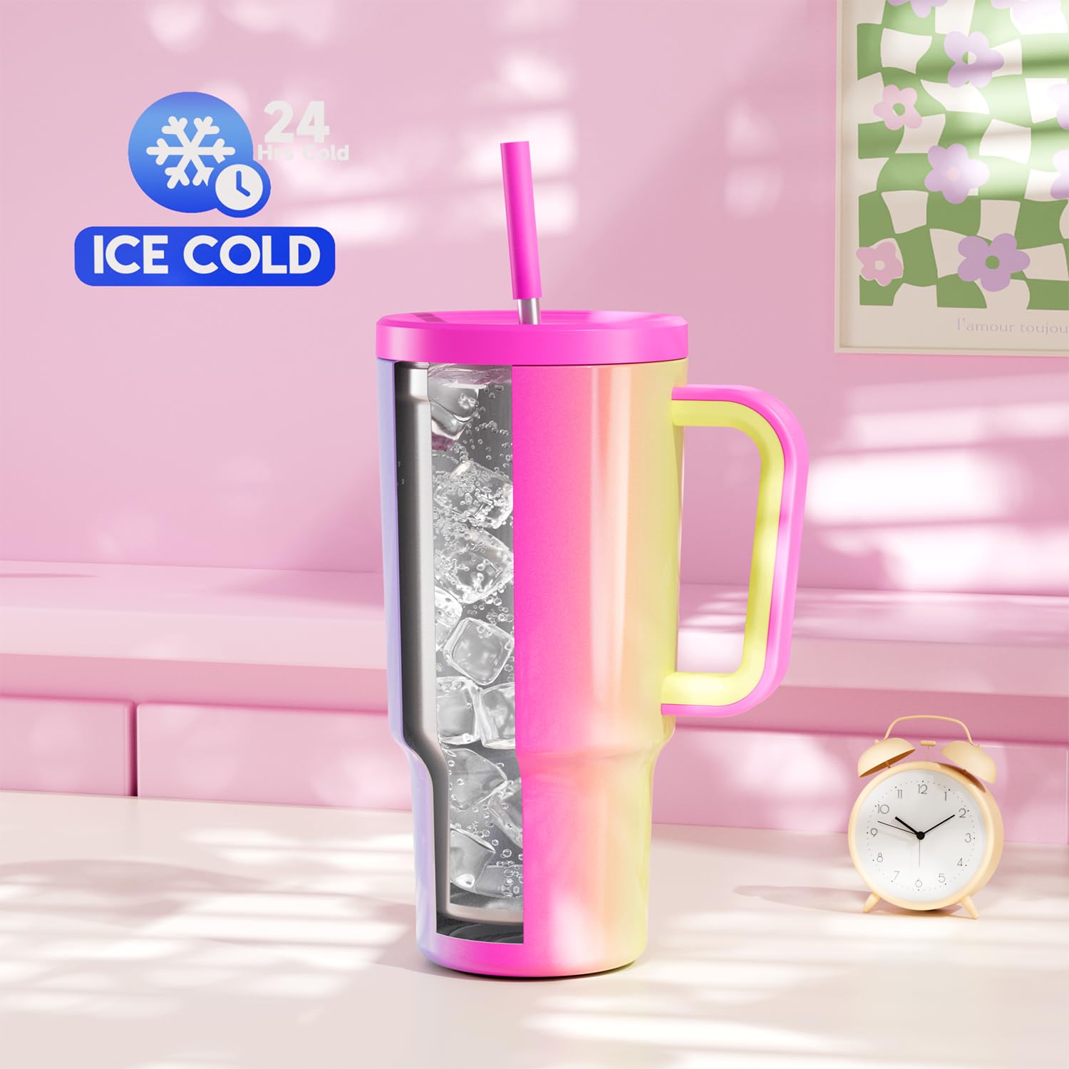 Meoky 30 oz Tumbler with Handle, Tumbler with Lid and Straw, Insulated Stainless Steel Travel Mug, 100% Leak-proof, Cupholder Fr