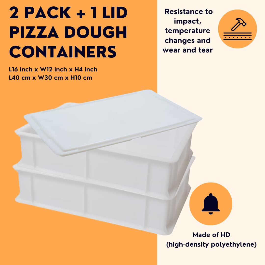 Home Refrigerator Size, Dough Proofing Box Tray (2 Pack + 1 Lid), White Stackable, Commericial Grade, Pizza Proofing Dough Pan W