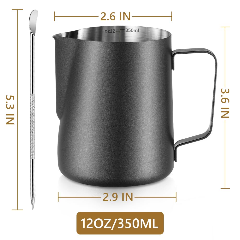 Frothing Milk Pitcher, 12 Oz/350 Ml Stainless Steel Frothing Milk Jug With Latte Art Pen,With Internal Measurements, For Cappucc