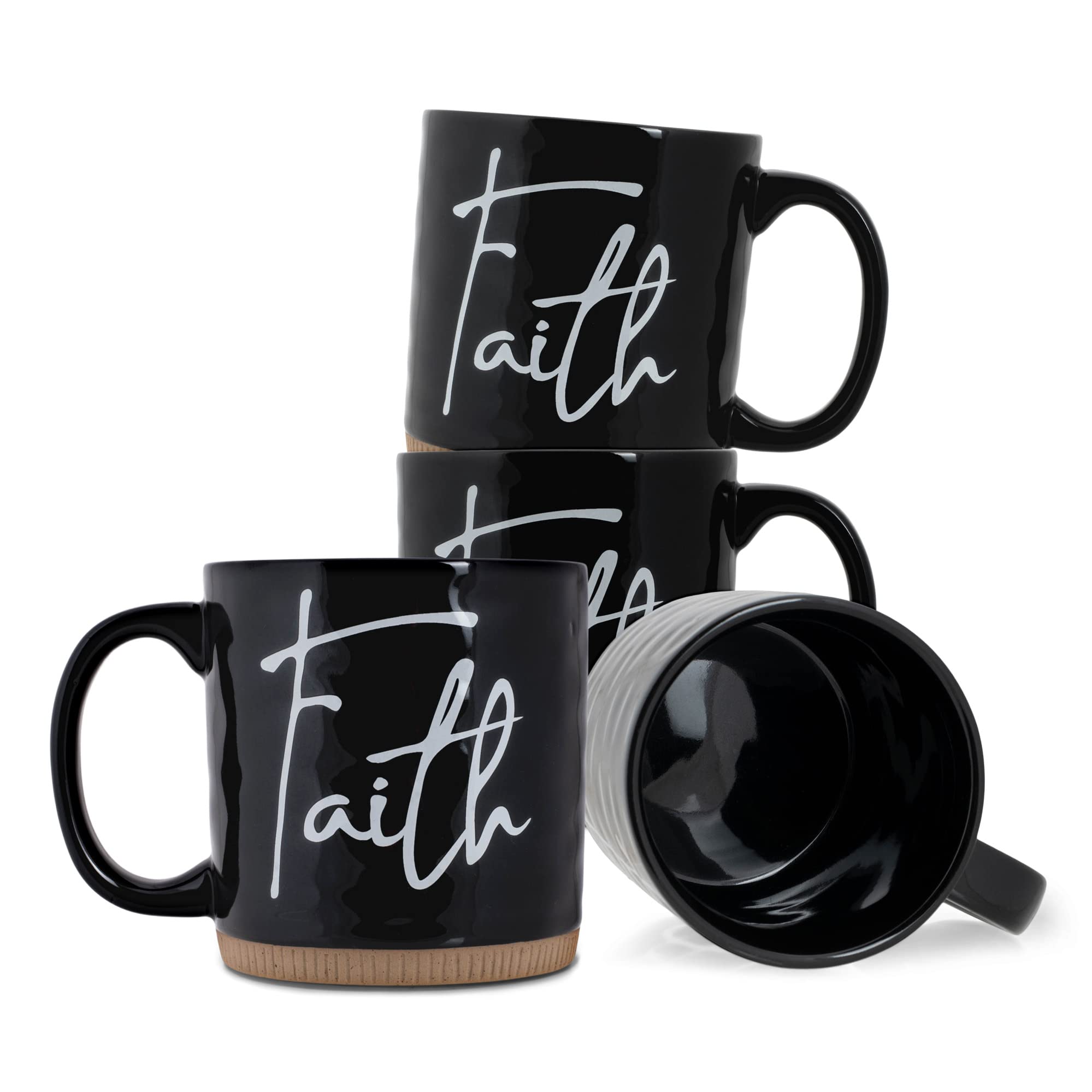 Lighthouse Christian Products Powerful Words Faith 15 Ounce Ceramic Stoneware Coffee Mug Pack Of 4, Black