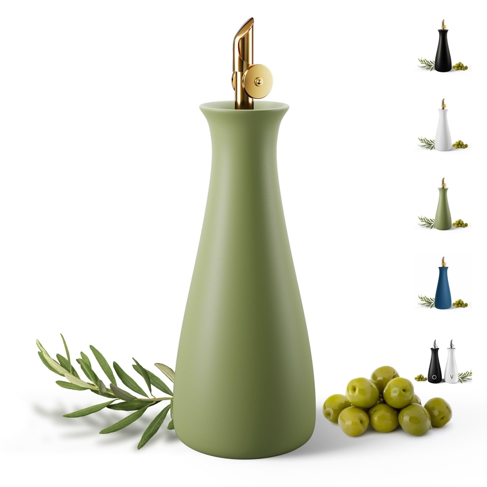 Ceramic Olive Oil Dispenser with Self-Closing Gold Spout - 530 ML Capacity Matte Green Ceramic Oil Dispenser for Kitchen - Leak 
