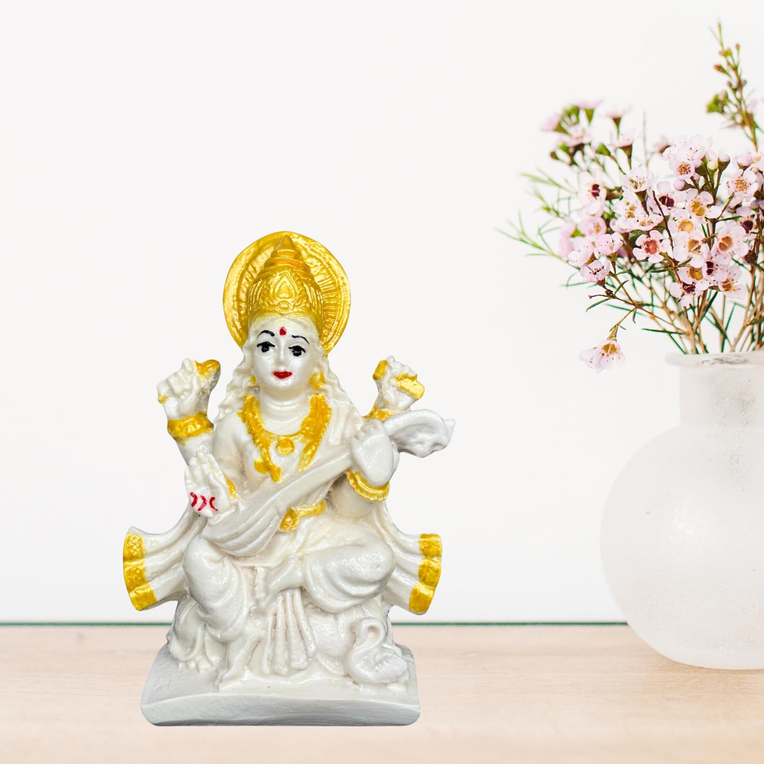 Salvus App Solutions Marble Dust Maa Saraswati Idol - Goddess Saraswati Statue For Home Decor, Devi Maa Saraswati Murti (White &