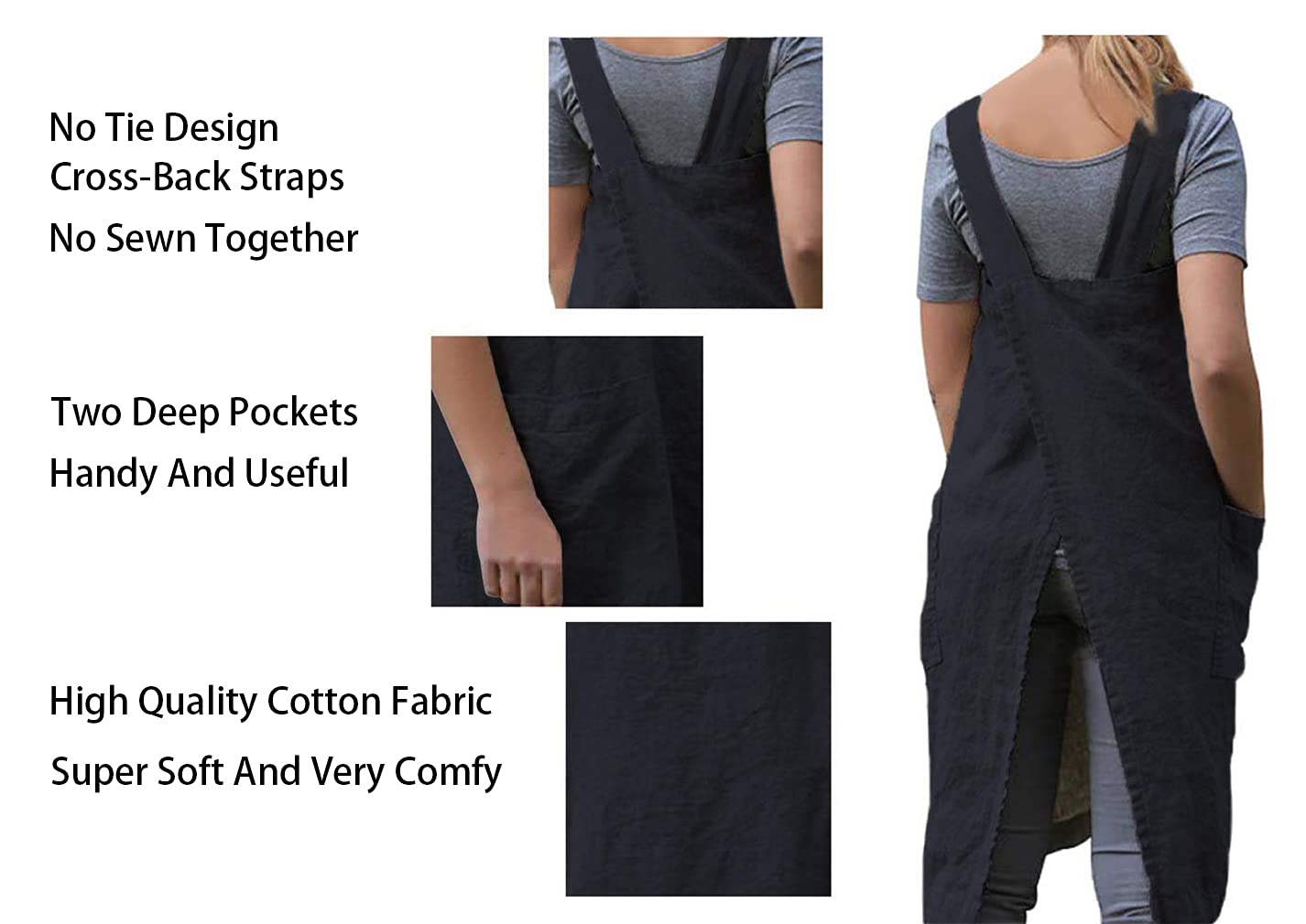 Amlztr Women'S Pinafore Apron Cross Back Apron With Pockets Cotton Linen Apron Dress Plus Size