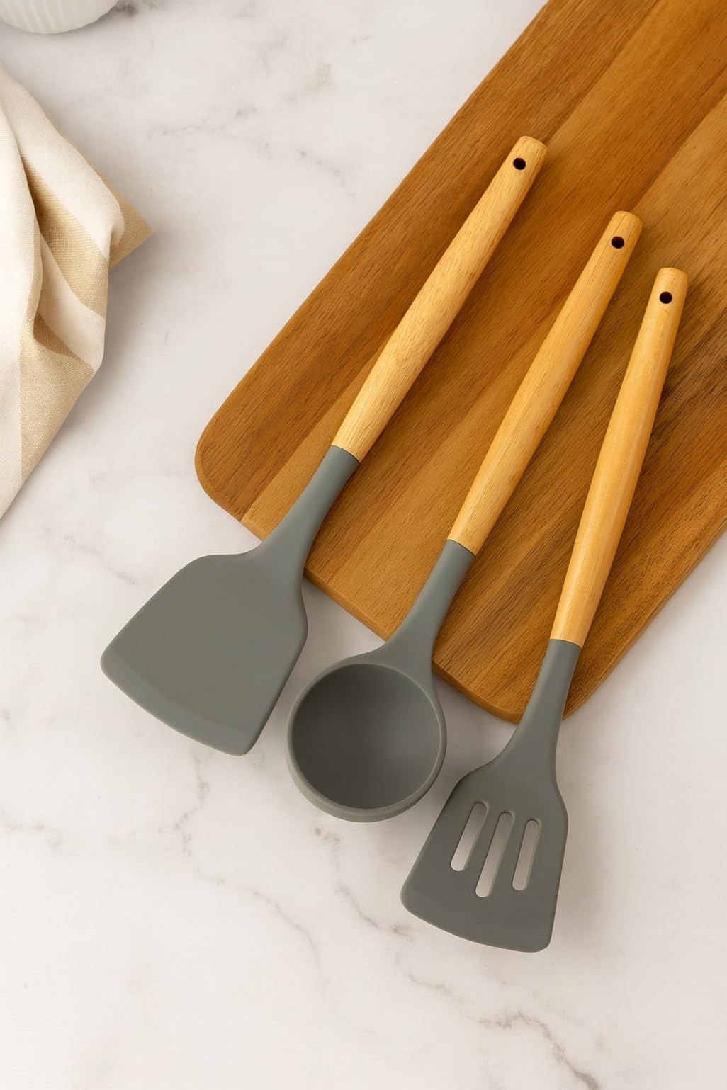 Vonity [ 3 Pcs ] Wooden, Silicon Spatula Set | Non Stick Spatulas | Durable & HeatResistant Head, Wooden Spatulas For Cooking |