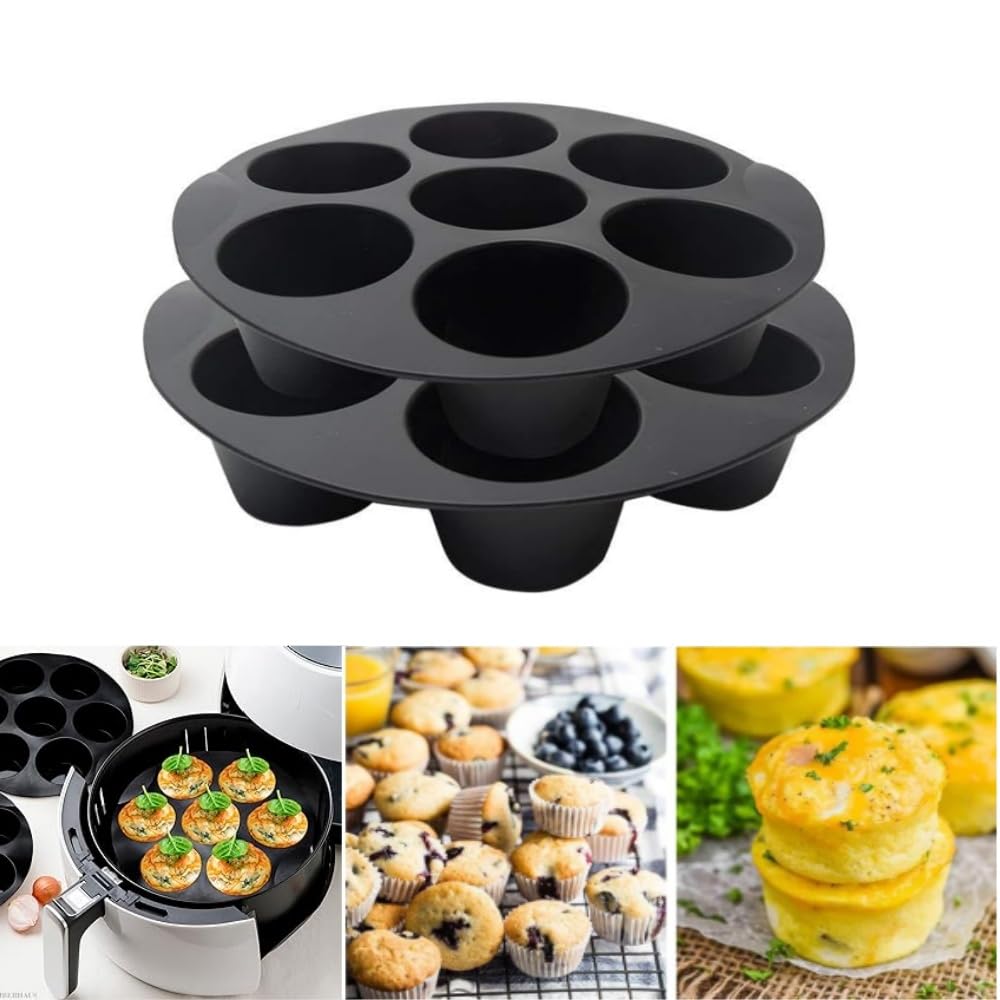 2 Pack 7 Cups Silicone Muffin Pan for 3.55.8L Air Fryer, Nonstick Muffin Trays Round Cupcake Baking Mold for Home DIY Making Eg
