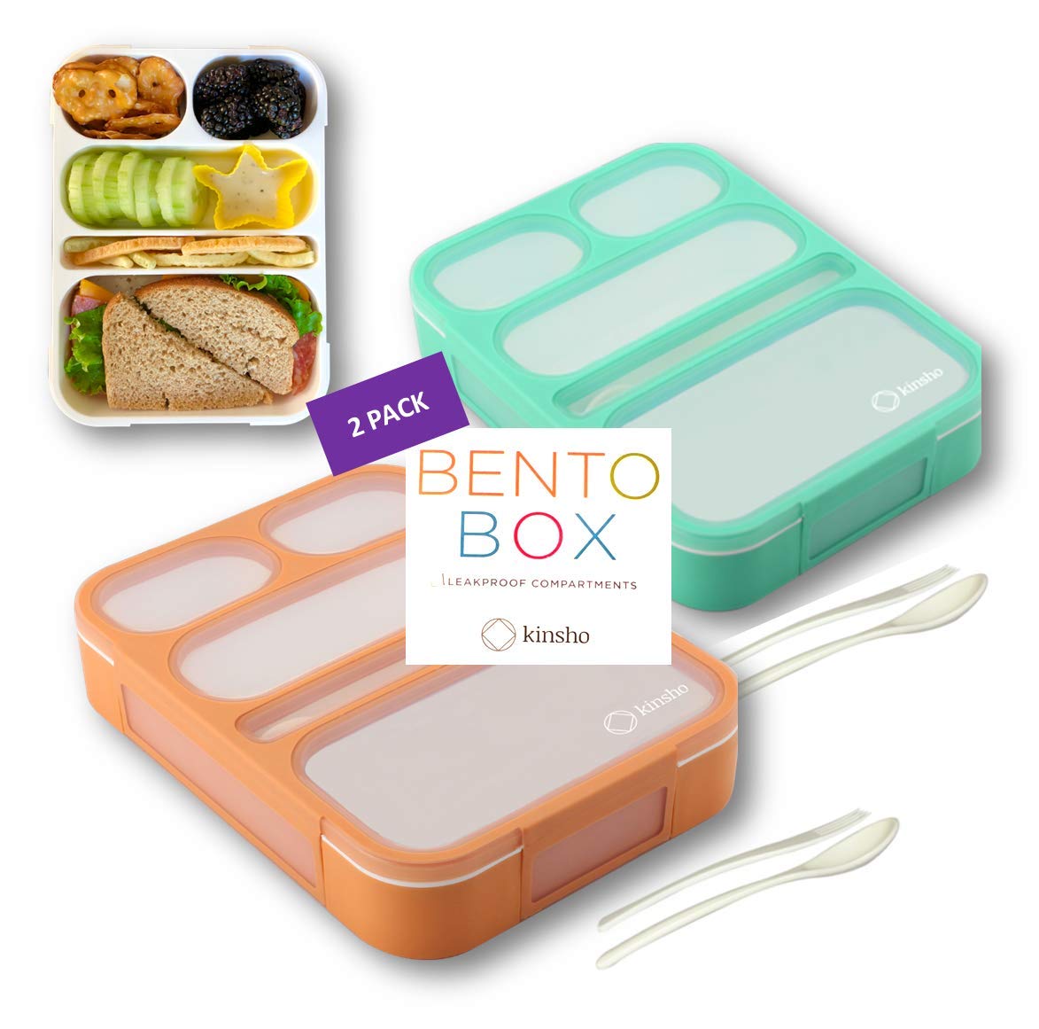 Kinsho Bento-Box For Adults Or Kids, Lunch-Boxes Portion Control Container For Women Men Girls Boys | Leakproof Snack Containers
