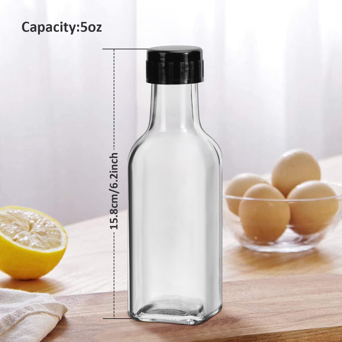 Wertioo 5 Oz Hot Sauce Bottles Squre, 24 Pack Empty Woozy Glass Bottles With Leak Proof Screw Caps & Shrink Bands For Kitchen