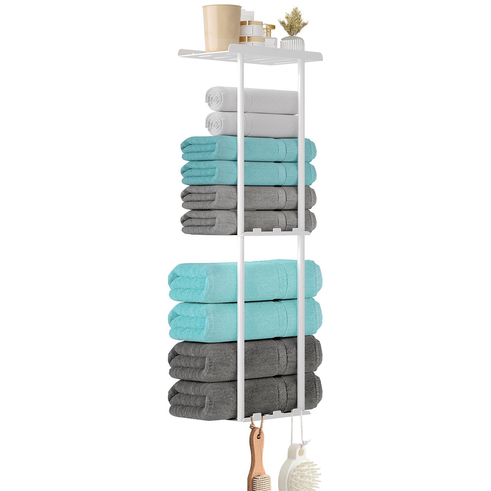 KISENG Towel Racks for Bathroom, 3 Tier Metal Towel Holder, with Shelf & 6 Hooks, 29 inch Wall Mounted Towel Storage, 6 Large Ba