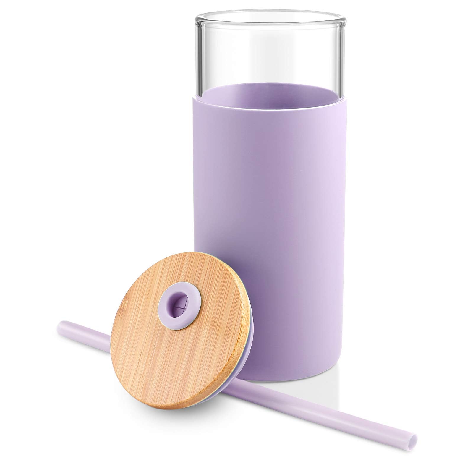 Tronco 20Oz Glass Tumbler Glass Water Bottle Straw Silicone Protective Sleeve Bamboo Lid - Bpa Free (Light Purple/1 Pack)
