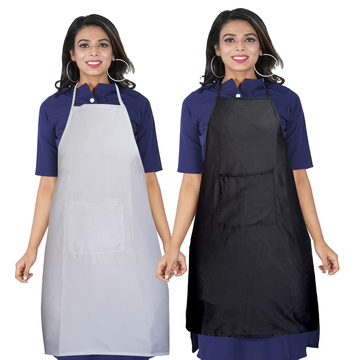 Kanushi Industries Apron For Kitchen Waterproof With Front Pocket Set Of 2 (White & Black)(Aprn1Plainwhite+1Plainblack)