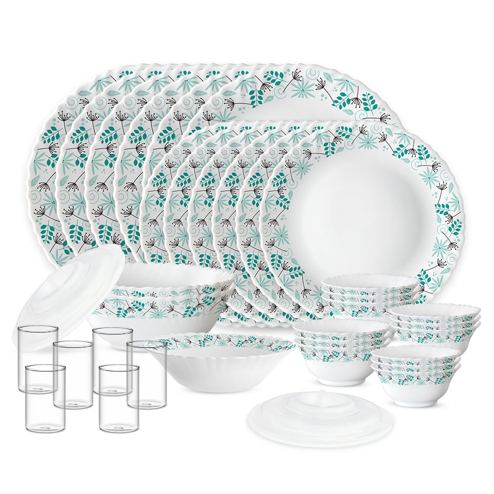 Larah By Borosil Silk Series Stardust Opalware Dinner Set With Vision Glass | 35Pcs For Family Of 6 | Microwave & Dishwasher Saf