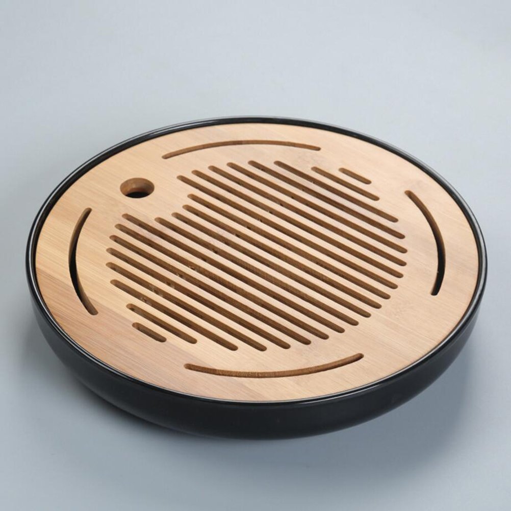 Hoobar Bamboo Kungfu Tea Tray Round Table Serving Tray Chinese Style Water Storage (Round Black)