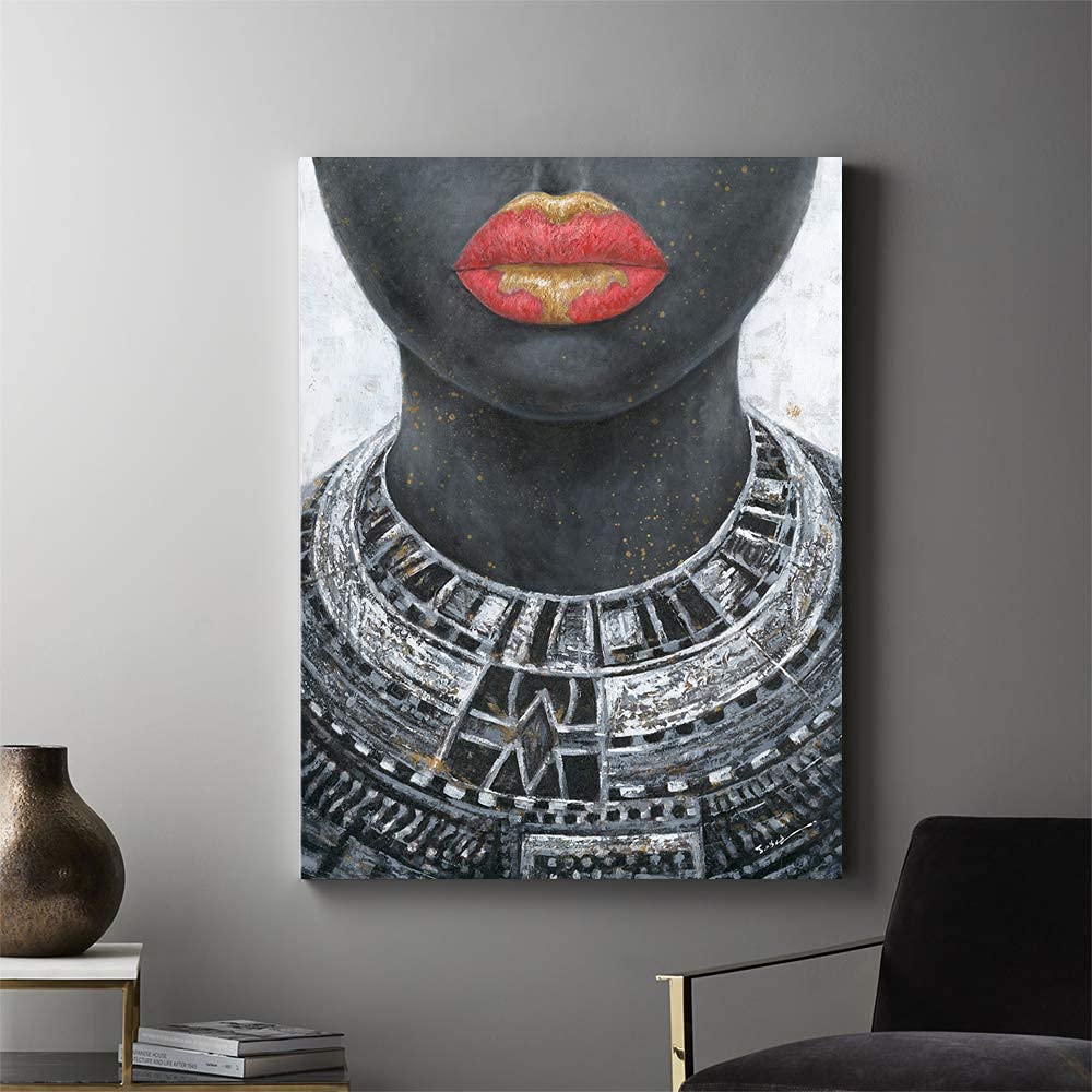Black Girl Canvas Wall Art: Native African American Woman In Gold And Red Lip With Tribal Necklaces Framed Pictures Black Art Pa
