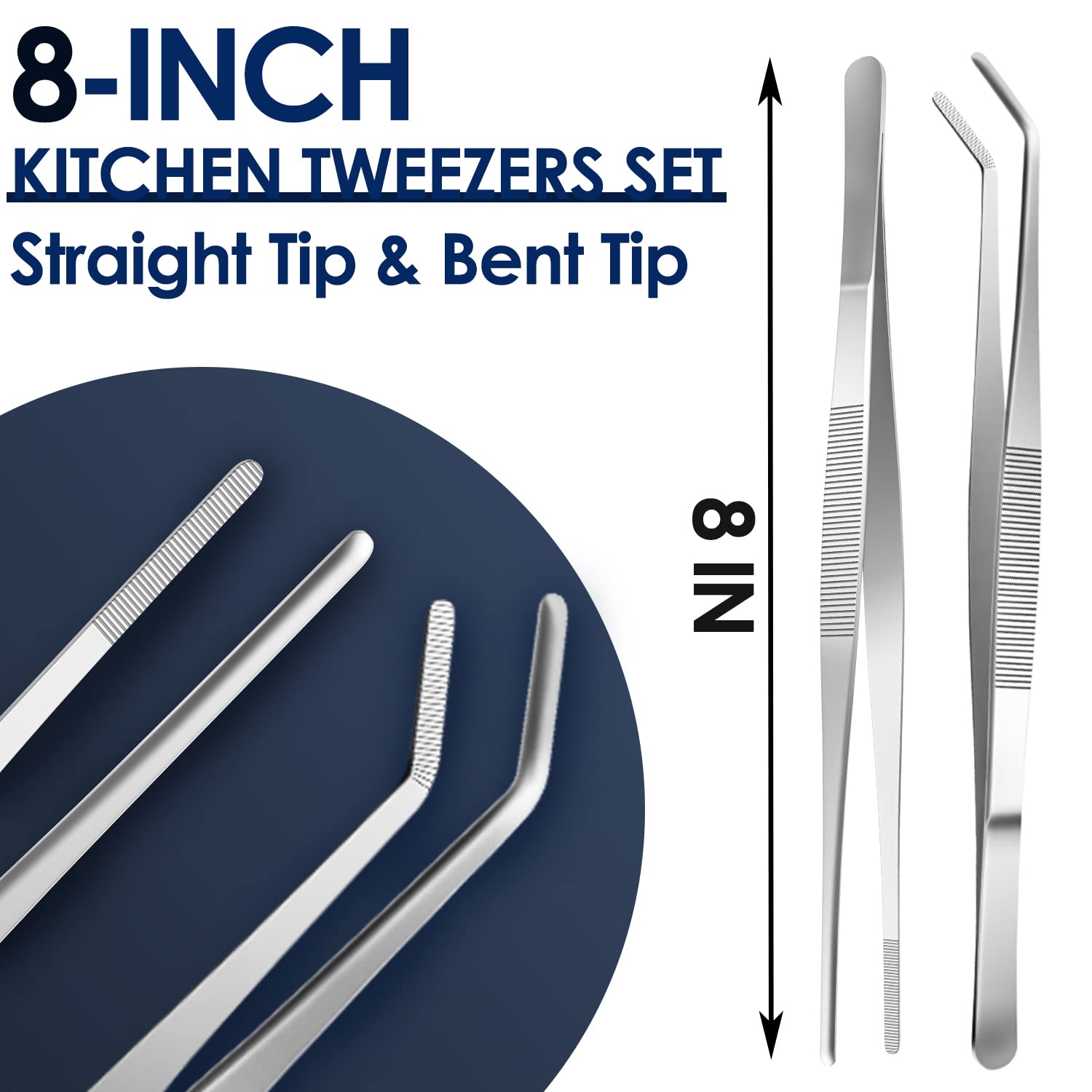 Gutsdoor Kitchen Tweezers Set Stainless Steel Tongs Tweezers Set Of 2 With Precision Serrated Tips For Cooking (8 Inch Set)
