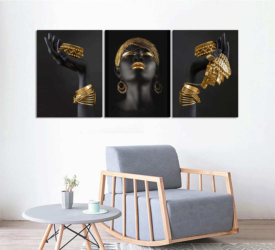 Mamago Canvas Wall Art Painting African Woman Pictures Modern Gold Black Woman Holding Gold Jewelry Posters Prints Artwork Home