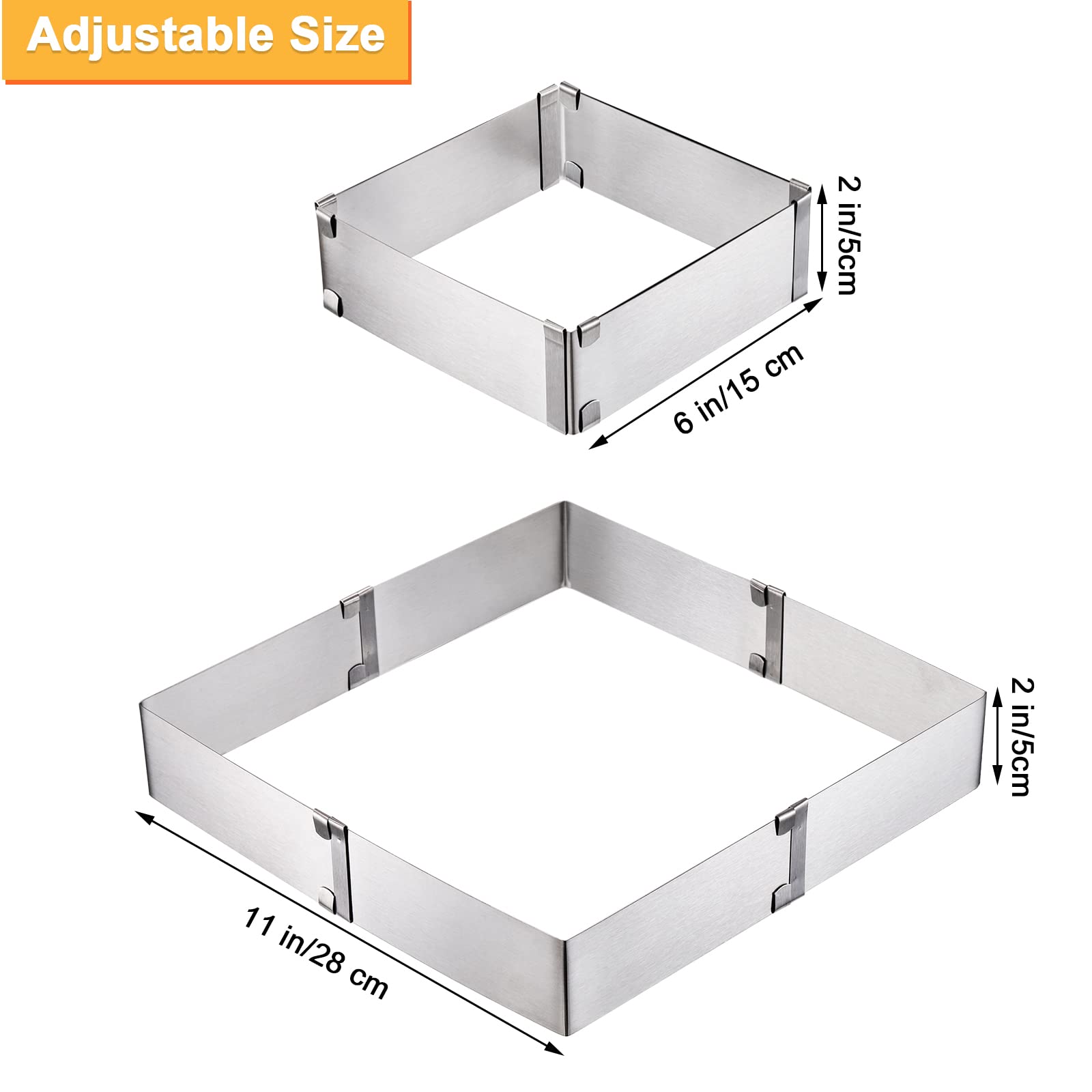 Youeon 4 Pack Square Cake Molds Ring Adjustable From 6'' To 11'', Stainless Steel Mousse Cake Ring, Baking Molds, Pastry Making