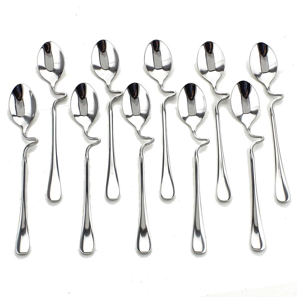 10Pcs Stainless Steel Honey Milk Coffee Mixing Spoons Teaspoon With Curved Handle - 7 Inch Long